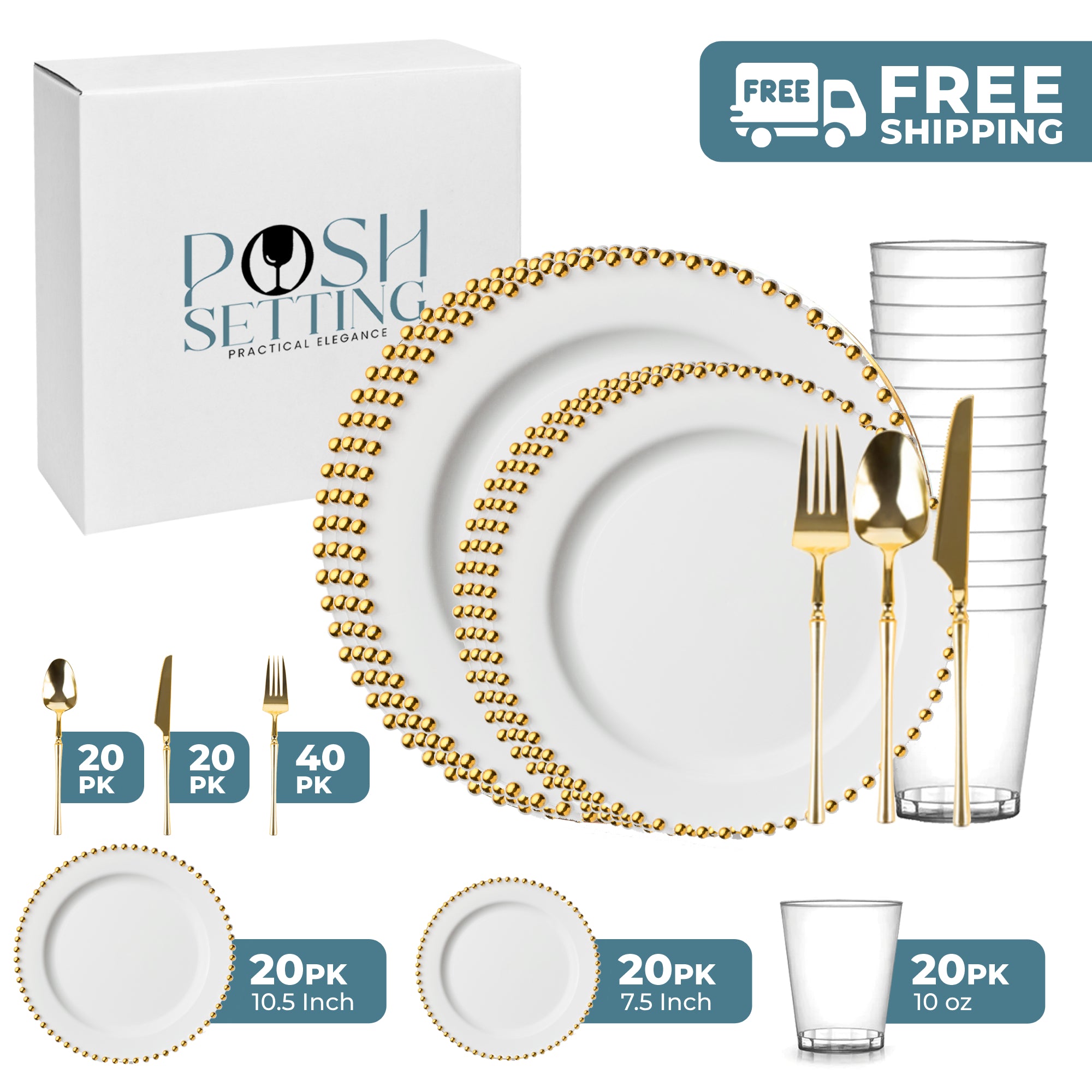 Elegant White & Gold Disposable Plastic Plates - Beaded Wedding Party Dinnerware Set for Bridal Showers, Receptions & Special Events