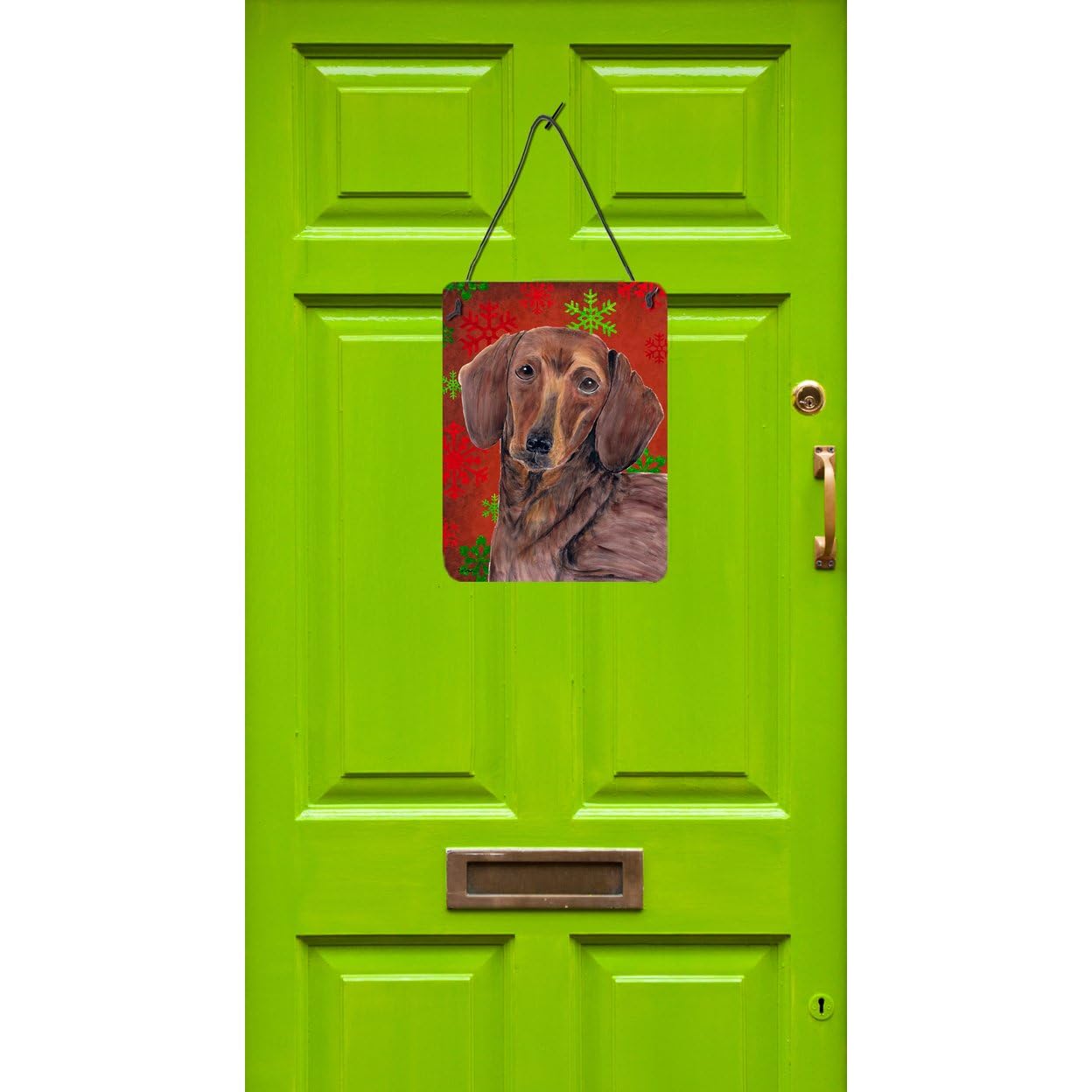 Caroline's Treasures Dachshund Christmas Metal Sign - Red & Green Snowflakes Holiday Wall Decor for Kitchen, Bathroom, Front Door - 12 Inch Aluminum Plaque | Perfect for Christmas Home Decor & Gift Giving