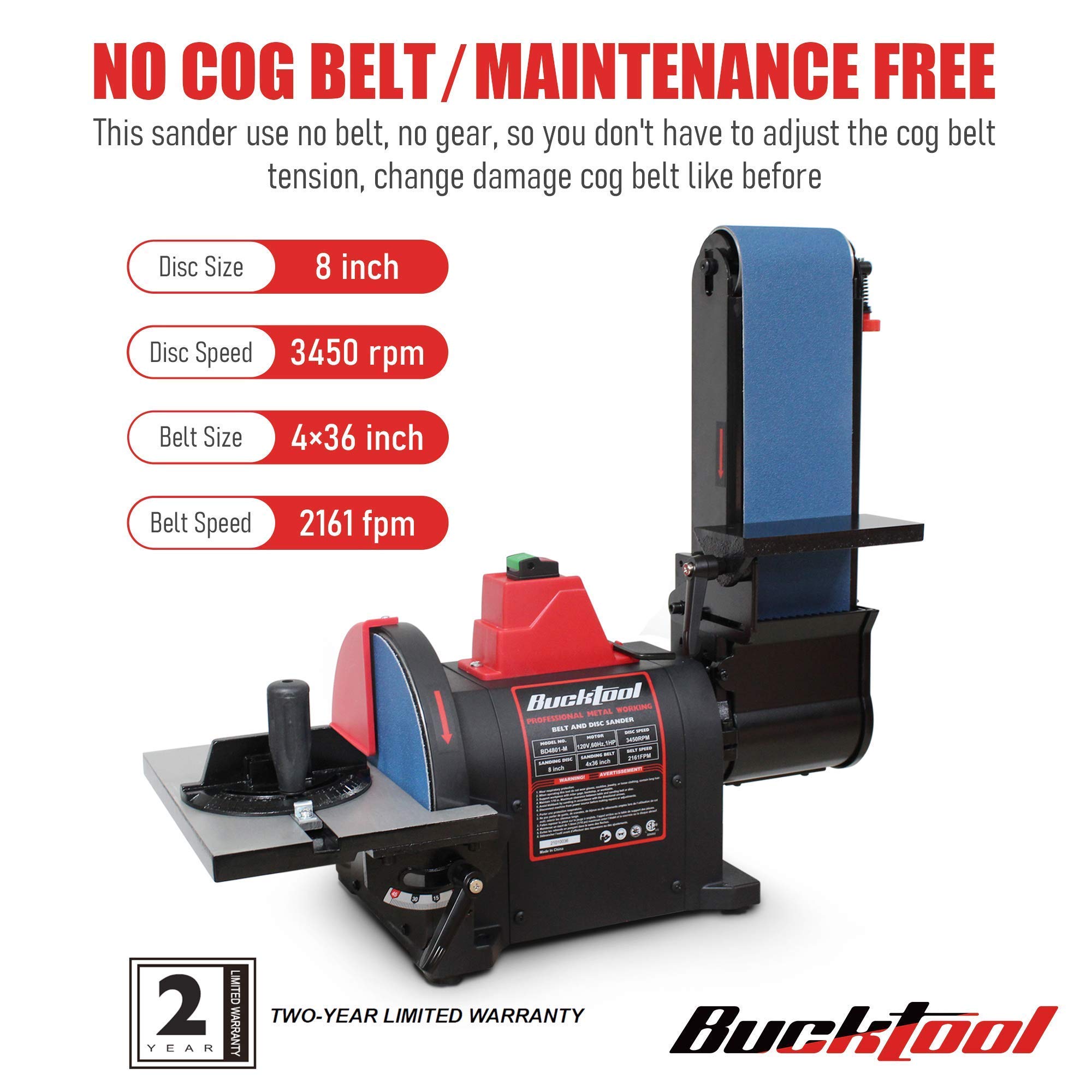 BUCKTOOL Pro 1HP Benchtop Belt & Disc Sander - 4x36 Inch Belt & 8 Inch Disc Combo with Direct-Drive Motor for Metalworking, Woodworking & DIY Projects | Heavy-Duty BD4801-M Sander for Sharpening, Sanding & Polishing in Workshops & Garages