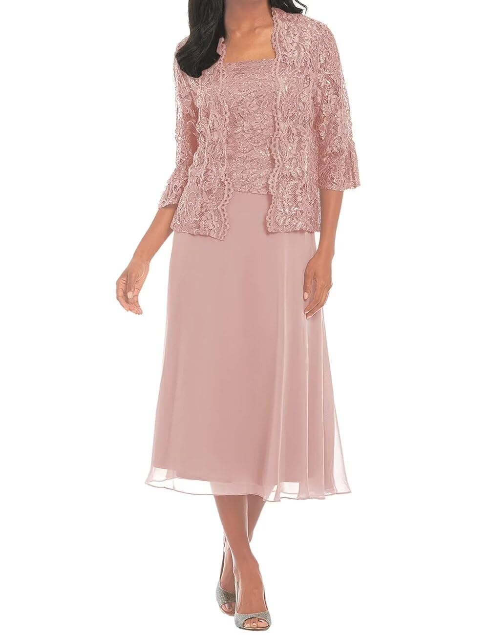 Elegant Tea-Length Mother of the Bride Dress with Sleeves & Jacket - Blush Pink Wedding Guest Dress Size US 8 - Perfect for Formal Weddings, Receptions & Special Occasions