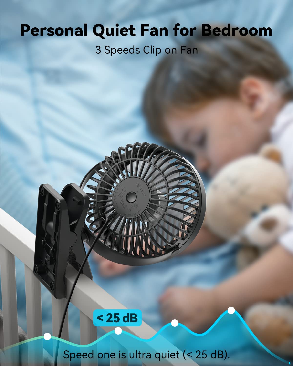 GEHEN Clip-On Fan with Sturdy Clamp - USB Powered 3-Speed Portable Fan, Ultra Quiet Personal Cooling Fan for Bedroom, Office, Stroller, Baby Crib & Treadmill Workouts