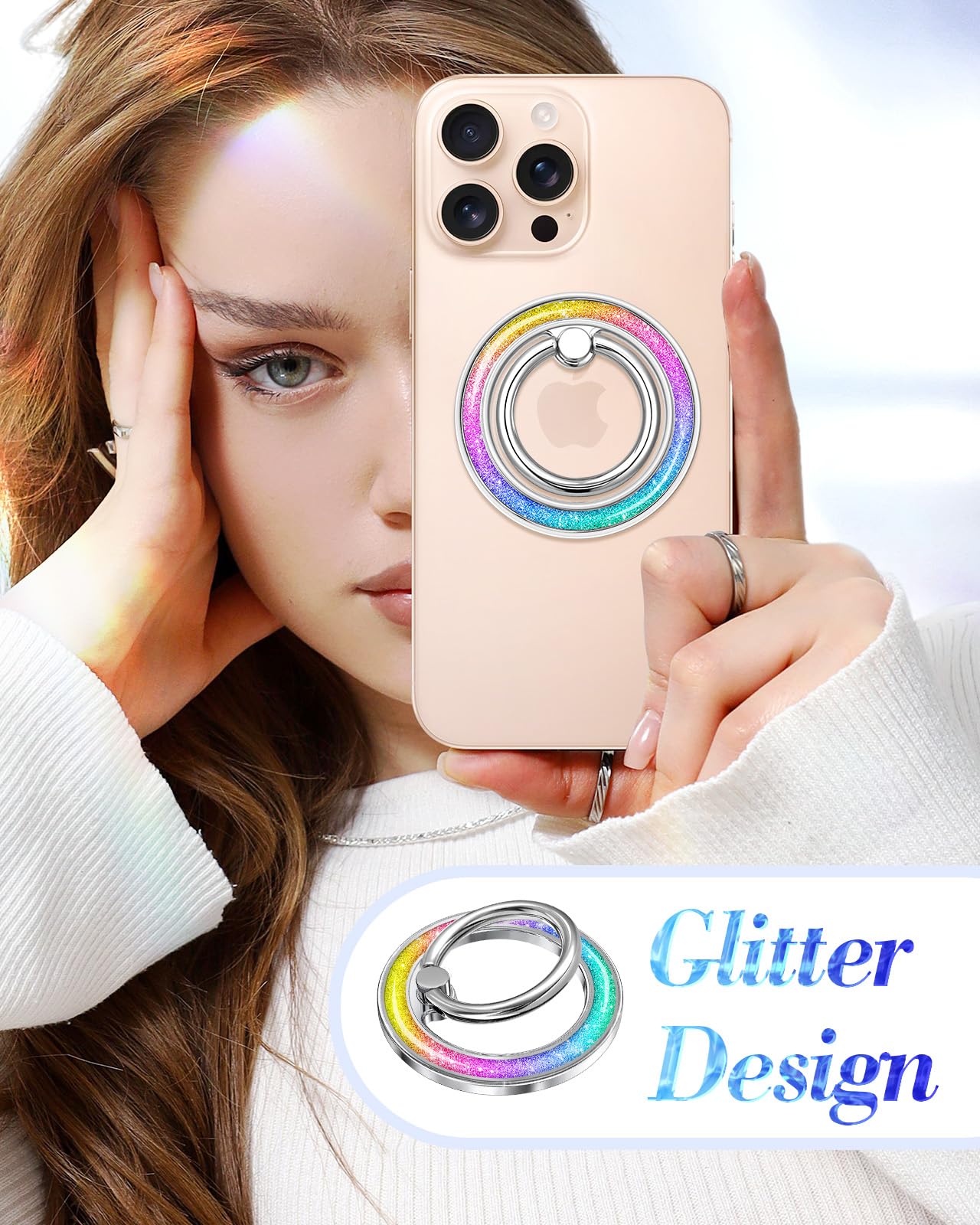 Magnetic Phone Ring Holder for iPhone 16/15/14/13 Pro Max Plus - MagSafe Compatible, Glitter Sparkle Grip Stand with Removable Finger Strap (Rainbow) - Perfect for Selfies, Videos & Hands-Free Use