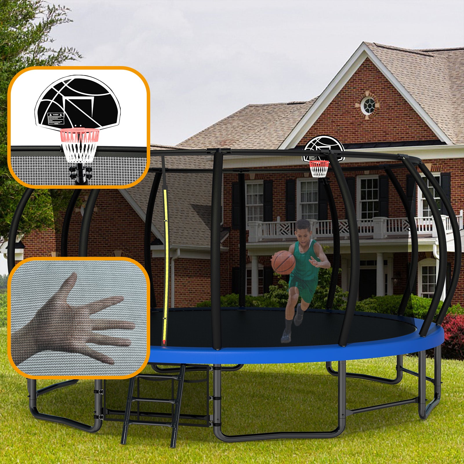 16FT Heavy Duty Outdoor Trampoline for Kids & Adults - ASTM Approved Pumpkin Shape with Curved Poles & Anti-Rust Coating - Perfect for Backyard Fun, Family Exercise and Outdoor Recreation