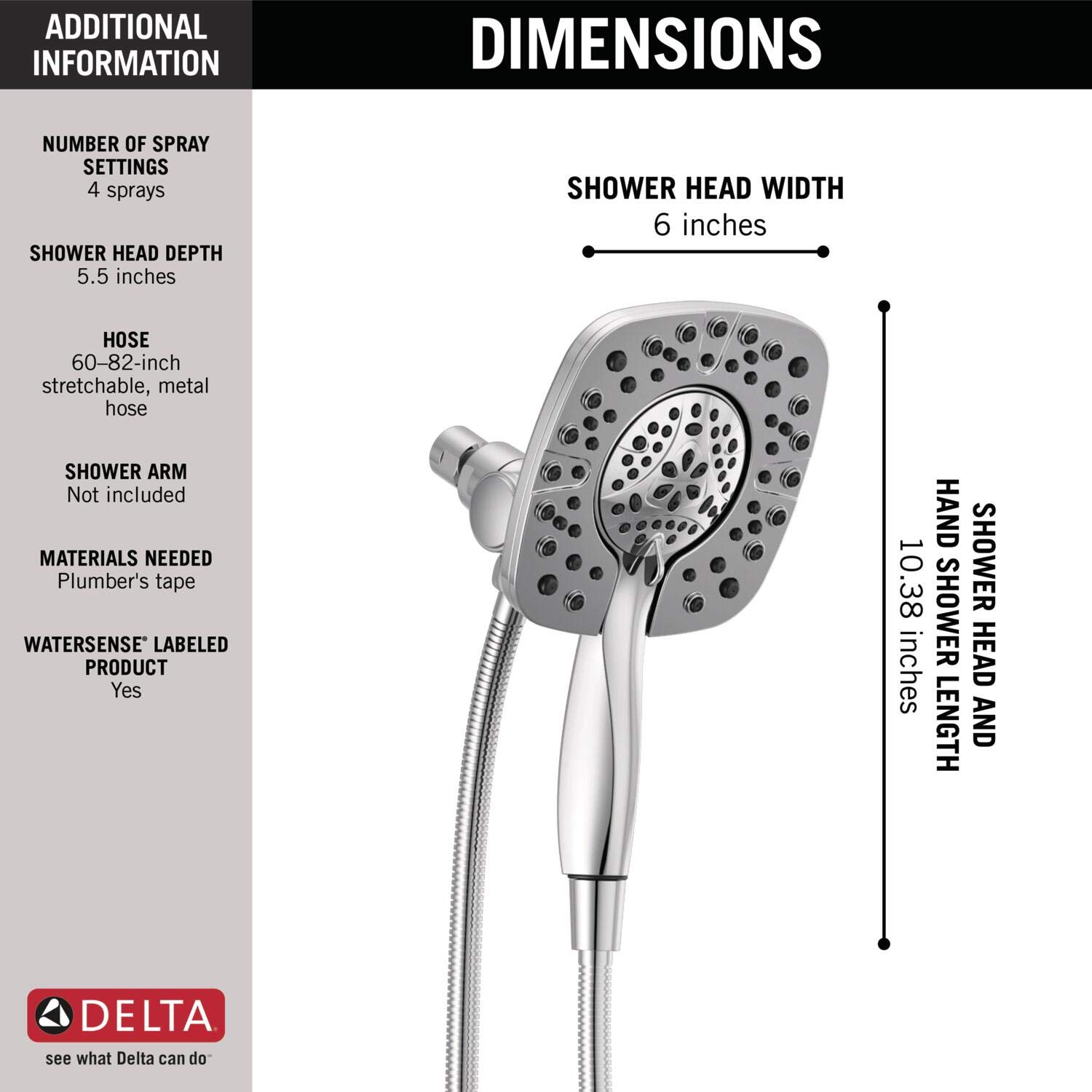 Delta Faucet 4-Spray In2ition Dual Shower Head with Handheld Spray - Chrome Shower Head with Hose, Detachable Showerhead for Bathroom & Spa Experience - Perfect for Relaxation and Easy Cleaning (Model 58498)
