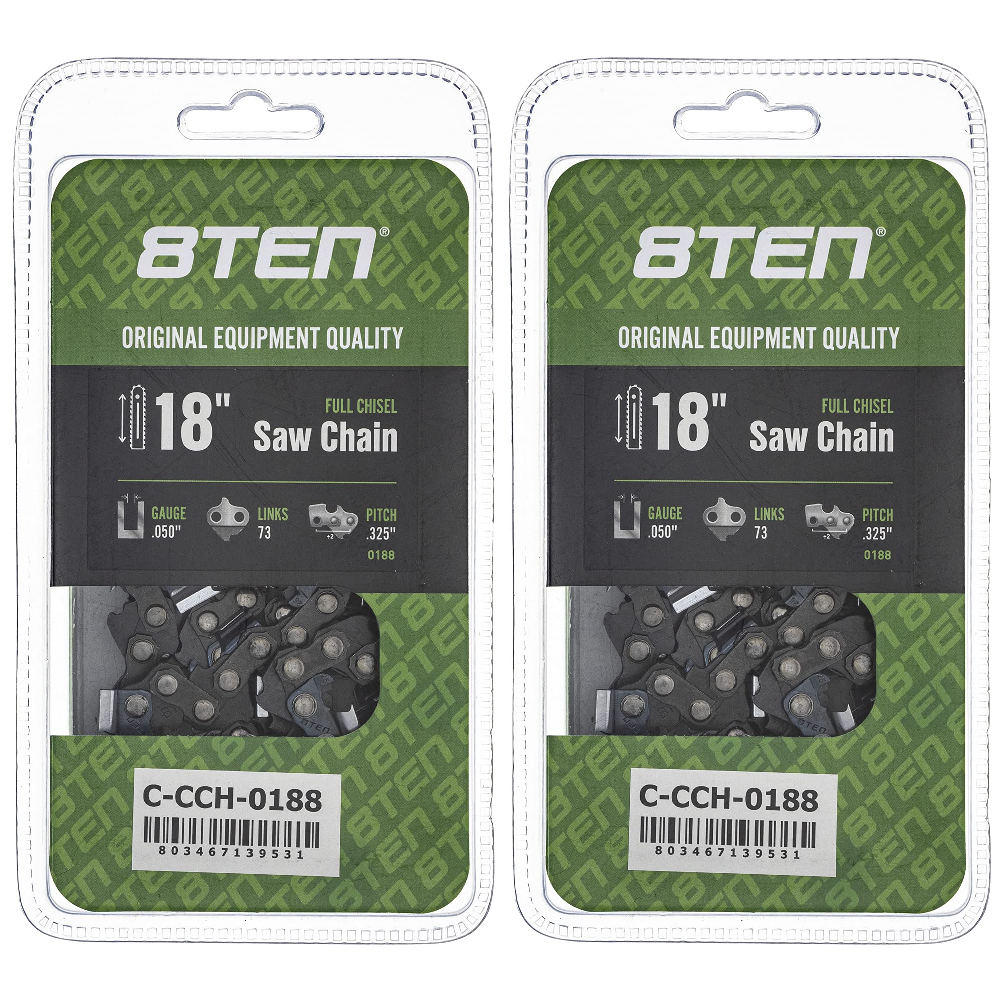 8TEN Full Chisel Chainsaw Chain 18 Inch .050 Gauge .325 Pitch 73DL - Compatible with Homelite 245, Solo 613, 632, 641, 650 (2 Pack) - Ideal for Professional Logging, Tree Trimming & Firewood Cutting