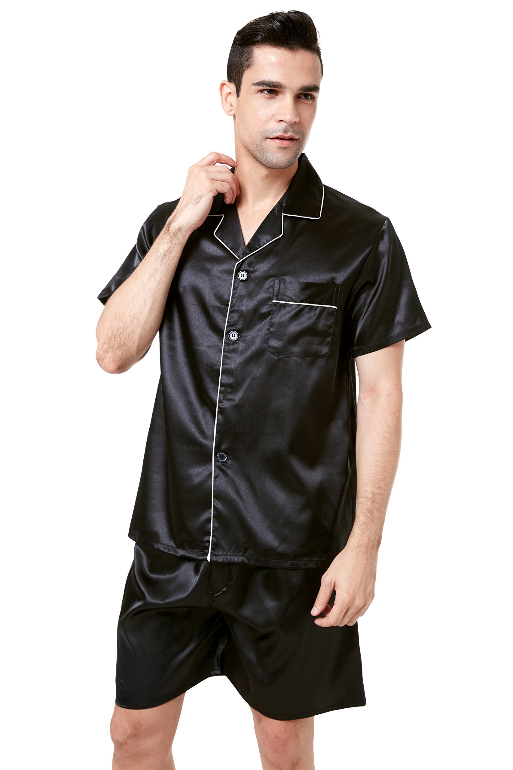 Men's Short Sleeve Satin Pajama Set with Comfortable Lounge Shorts - Soft & Breathable Sleepwear for Summer Nights, Lounging at Home, and Relaxing Weekends