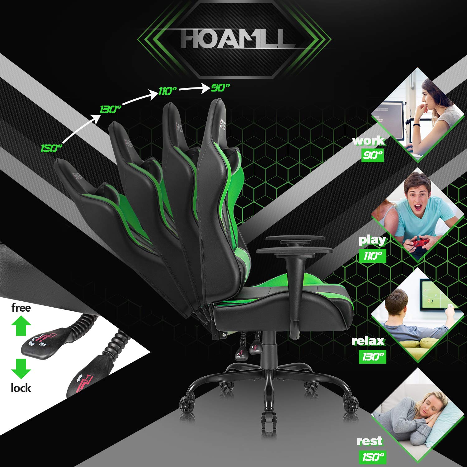 Homall Gaming Office Chair - High Back Ergonomic Computer Desk Chair with Adjustable Height, PU Leather & Headrest - Perfect for Gaming, Work & Home Office (Green)