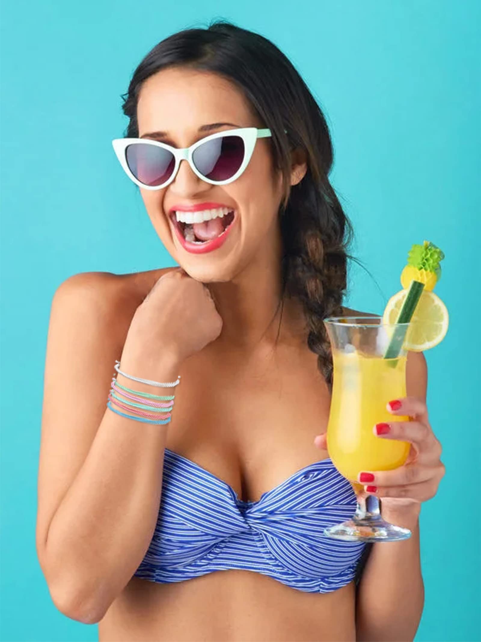 Blue Friendship Bracelets for Women - Adjustable Boho Bracelets with Sunflower Charm, Cute Stackable Surfer Beach Bracelets - Perfect for Summer, Gifts, Stocking Stuffers & Beach Party Essentials