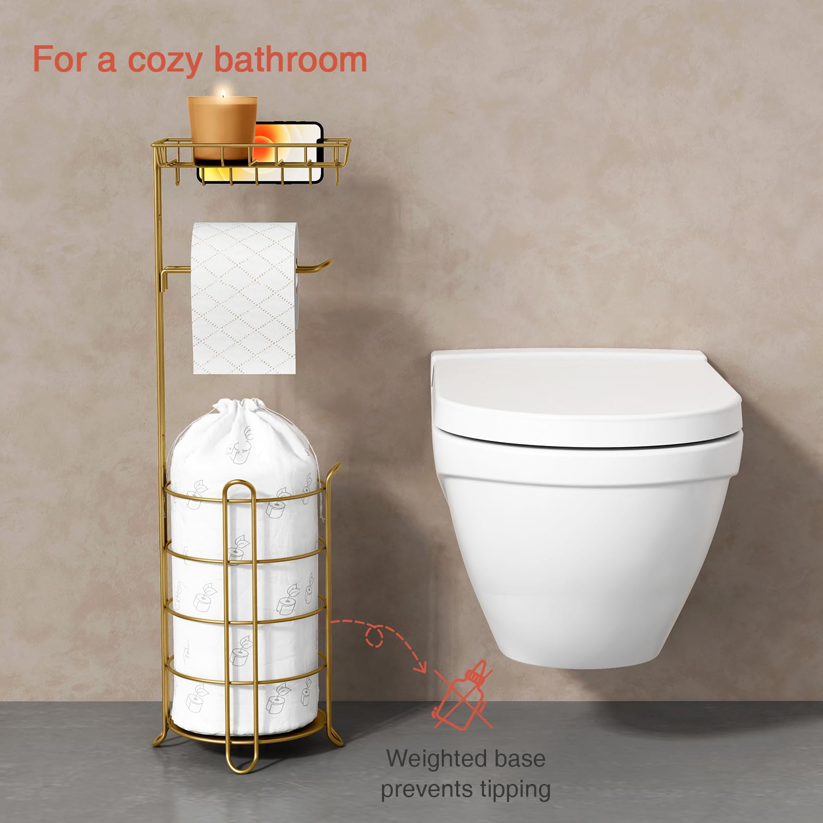 Gold Freestanding Toilet Paper Holder Stand with Phone Shelf & Wipes Tray - Heavy Duty Metal Floor Bathroom Tissue Organizer for Large Mega Rolls - Perfect for Home, Office & Guest Bathrooms