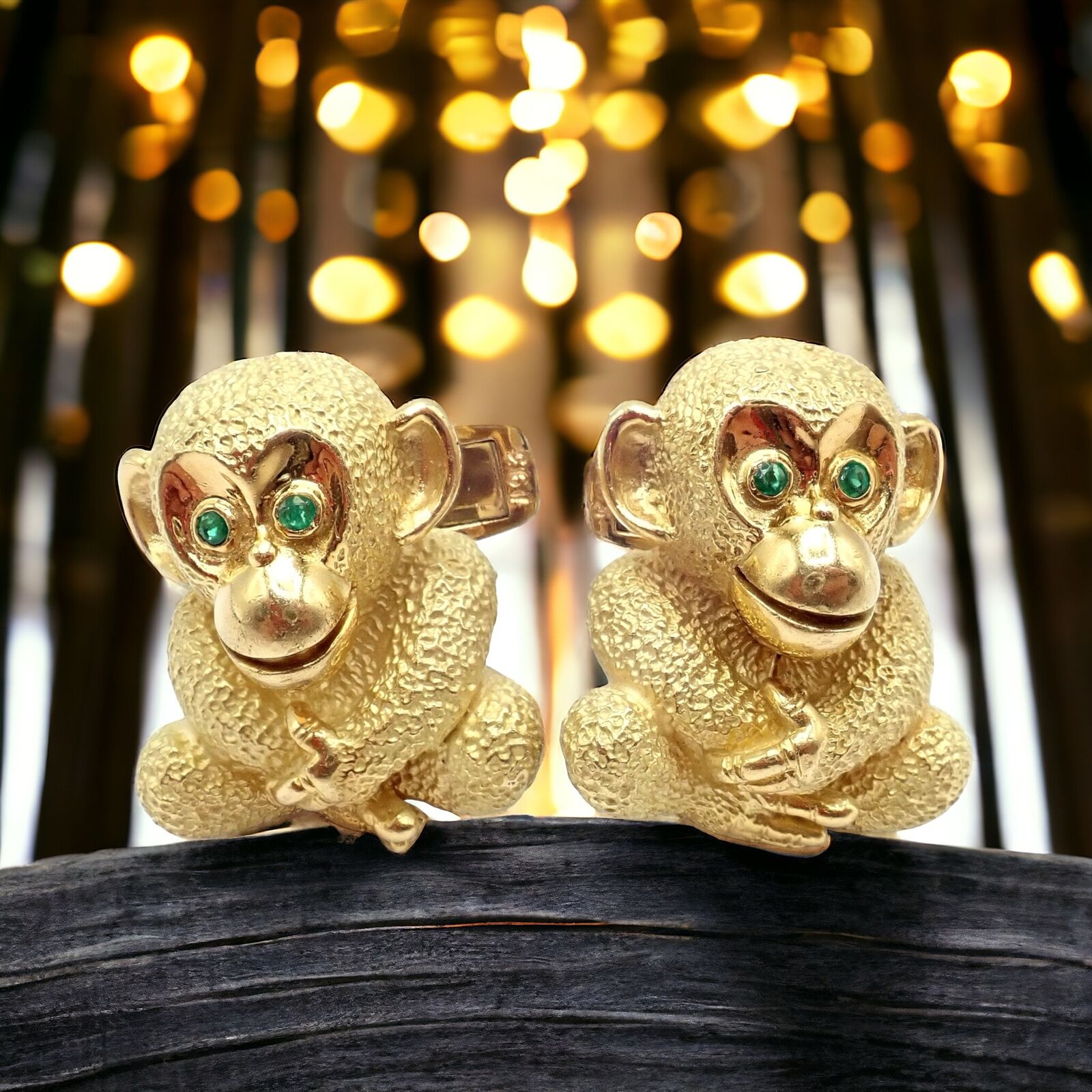 Authentic 18k Yellow Gold Emerald Whimsical Monkey Cufflinks by Kurt Wayne - Perfect for Weddings, Formal Events & Gift Giving