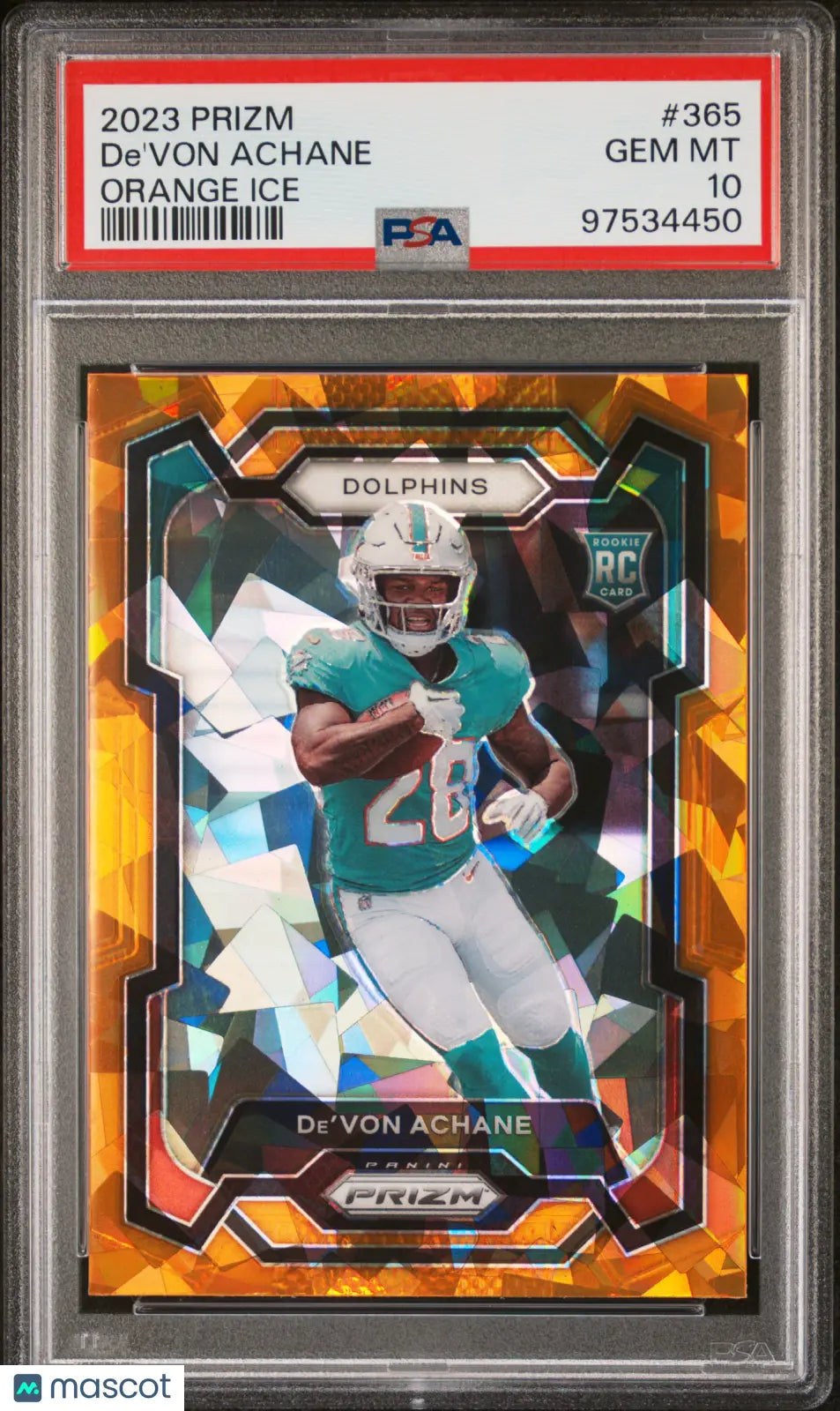 2023 Panini Prizm De'von Achane Rookie Card Orange Ice Prizm PSA 10 - Football Trading Card for Collectors & Sports Fans, Perfect for Display & Investment