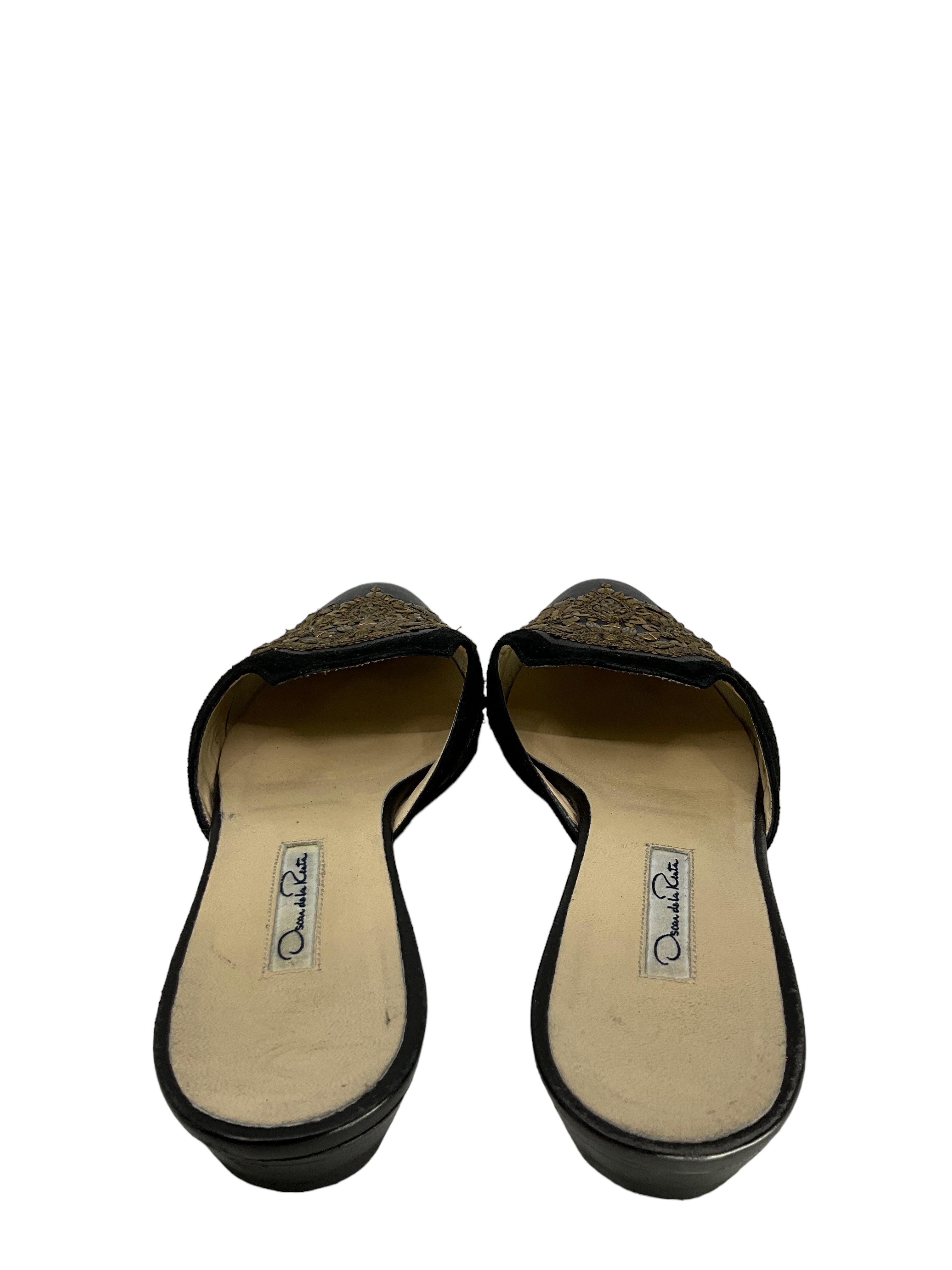Oscar De La Renta Leather Embroidered Spanish Mules Women's Size 10.5 - Elegant Slip-On Shoes for Weddings, Parties & Special Occasions