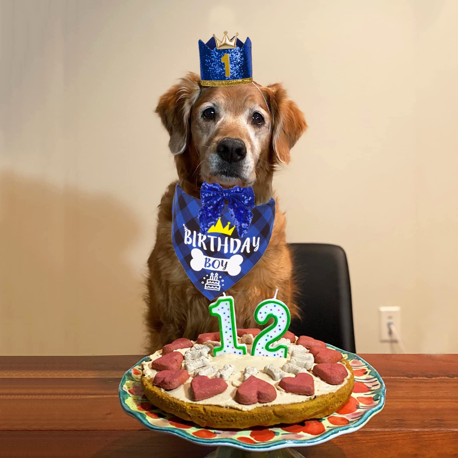 ADOGGYGO Dog Birthday Hat & Bandana Set with Numbers, Scarf Bow & Happy Birthday Banner - Navy Blue Pet Party Supplies for Birthday Celebrations & Photo Shoots