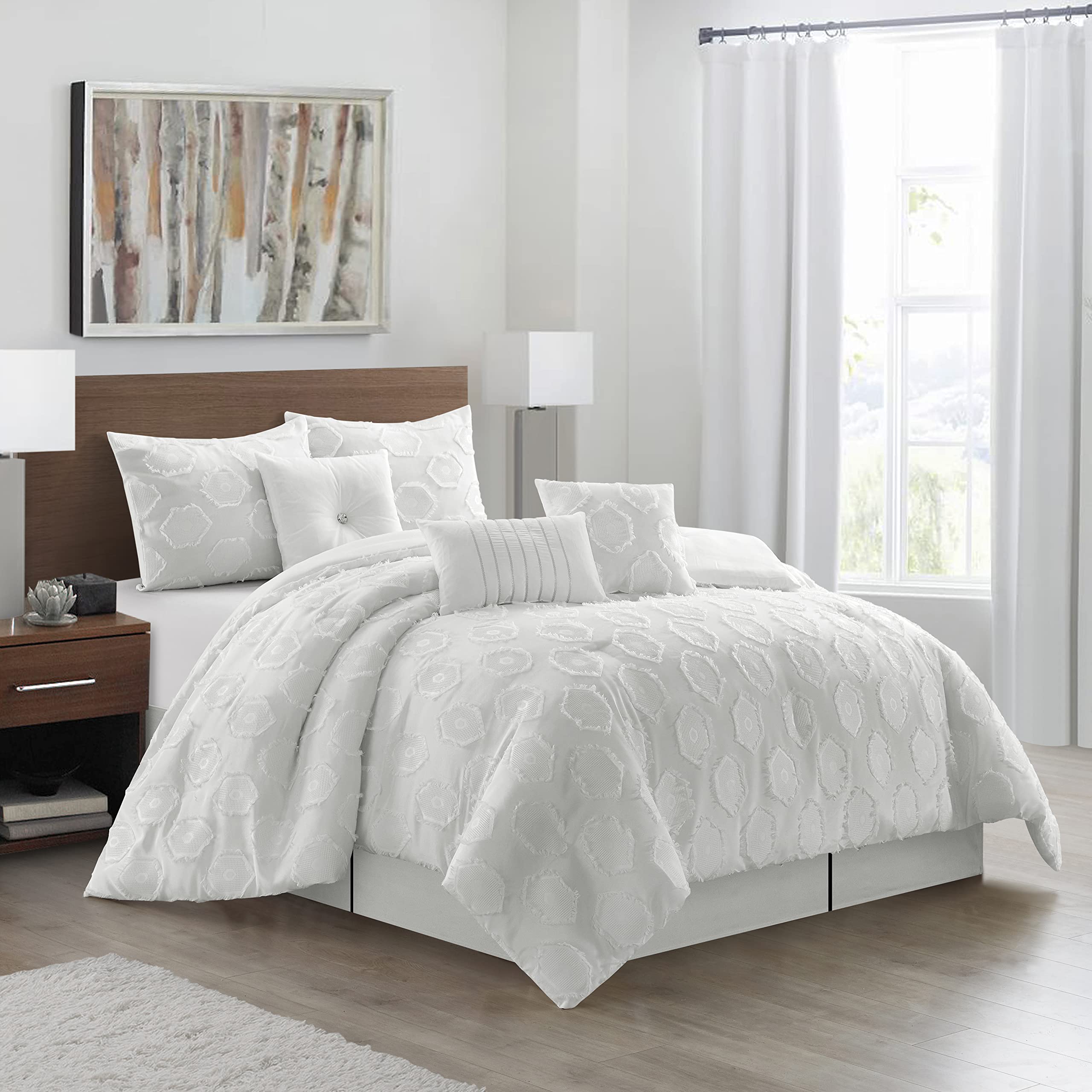 Stratford Park White Queen Size 7-Piece Bedding Set with Comforter, Bedskirt, Pillowcases & Shams | Luxury Soft Bed Sheets for Master Bedroom & Guest Room Decor