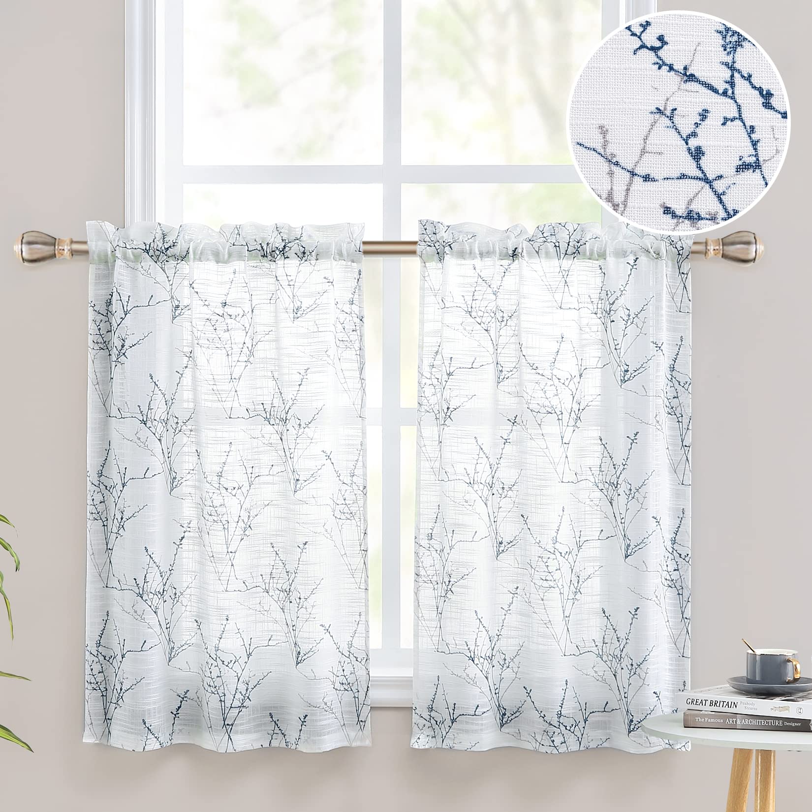CAROMIO Navy Blue & Grey Tier Kitchen Curtains - 24 Inch Length, 2 Panels, Sheer Voile Rod Pocket Cafe Curtains for Small Windows - Perfect for Kitchen, Bathroom, and Living Room Decoration