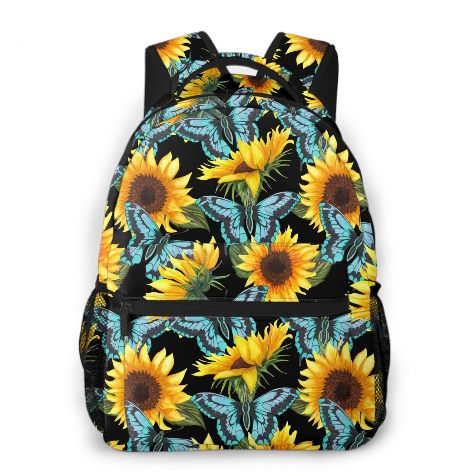 Sunflower Floral Laptop Backpack - Waterproof Blue Butterfly Design with Yellow Flowers | College Student Bookbag, Casual School Bag for Teens & Adults | Perfect for Travel, Work & Daily Commute