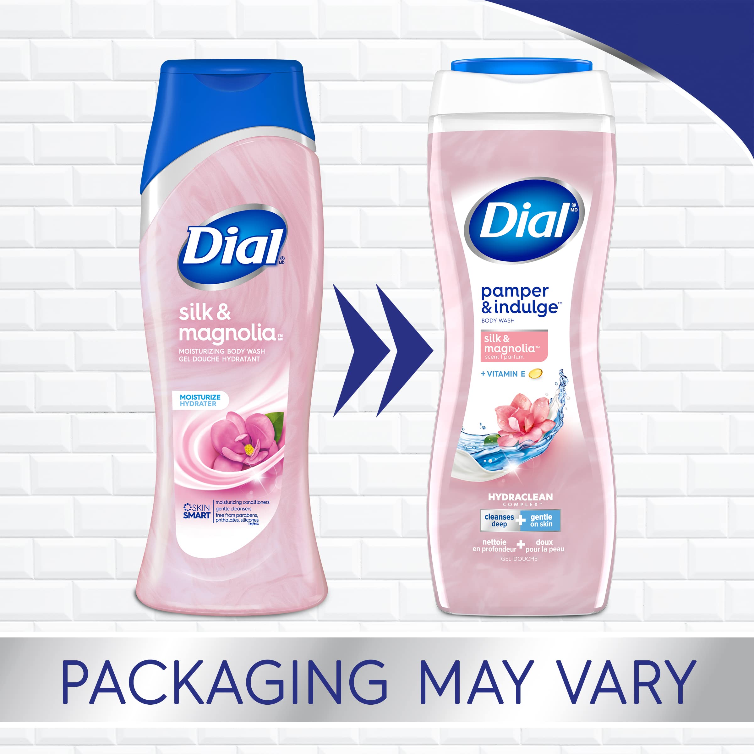 Dial Body Wash, Refresh & Renew Spring Water Scent, 32 fl oz & Pamper & Indulge Silk & Magnolia Body Wash, 32 fl oz - Hydrating Shower Gel for Dry Skin, Daily Moisturizing Bath Essential for Men & Women