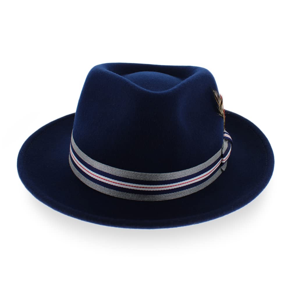 Crushable Wool Fedora Hat for Men - Stain Resistant, Navy Grey Stripe - Perfect for Outdoor & Casual Wear