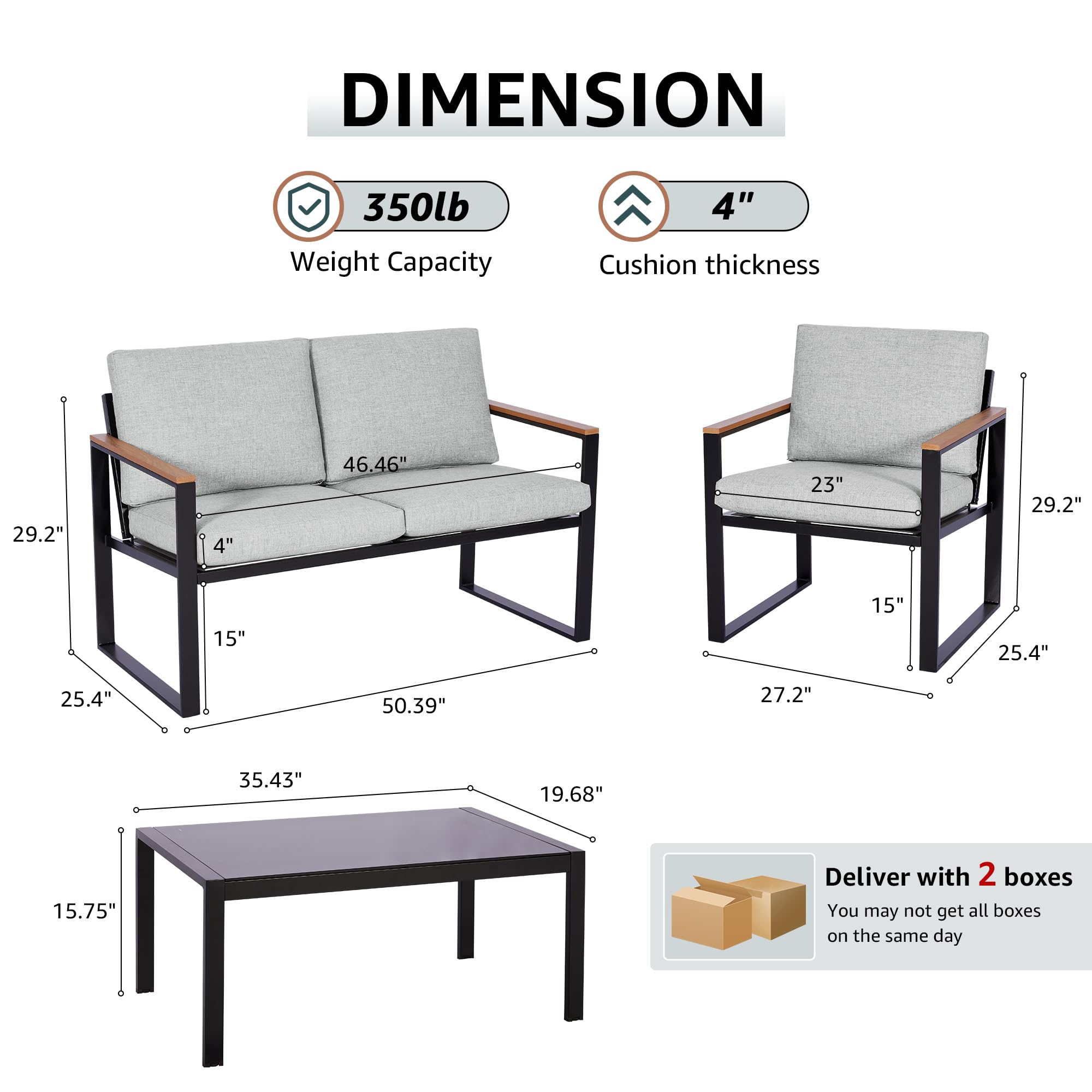 Modern 4-Piece Outdoor Patio Furniture Set - Metal Sectional Conversation Set with Fauxwood Armrests, Sling Mesh & Tempered Glass Table - Durable Olefin Cushions for Backyard, Garden or Poolside Relaxation