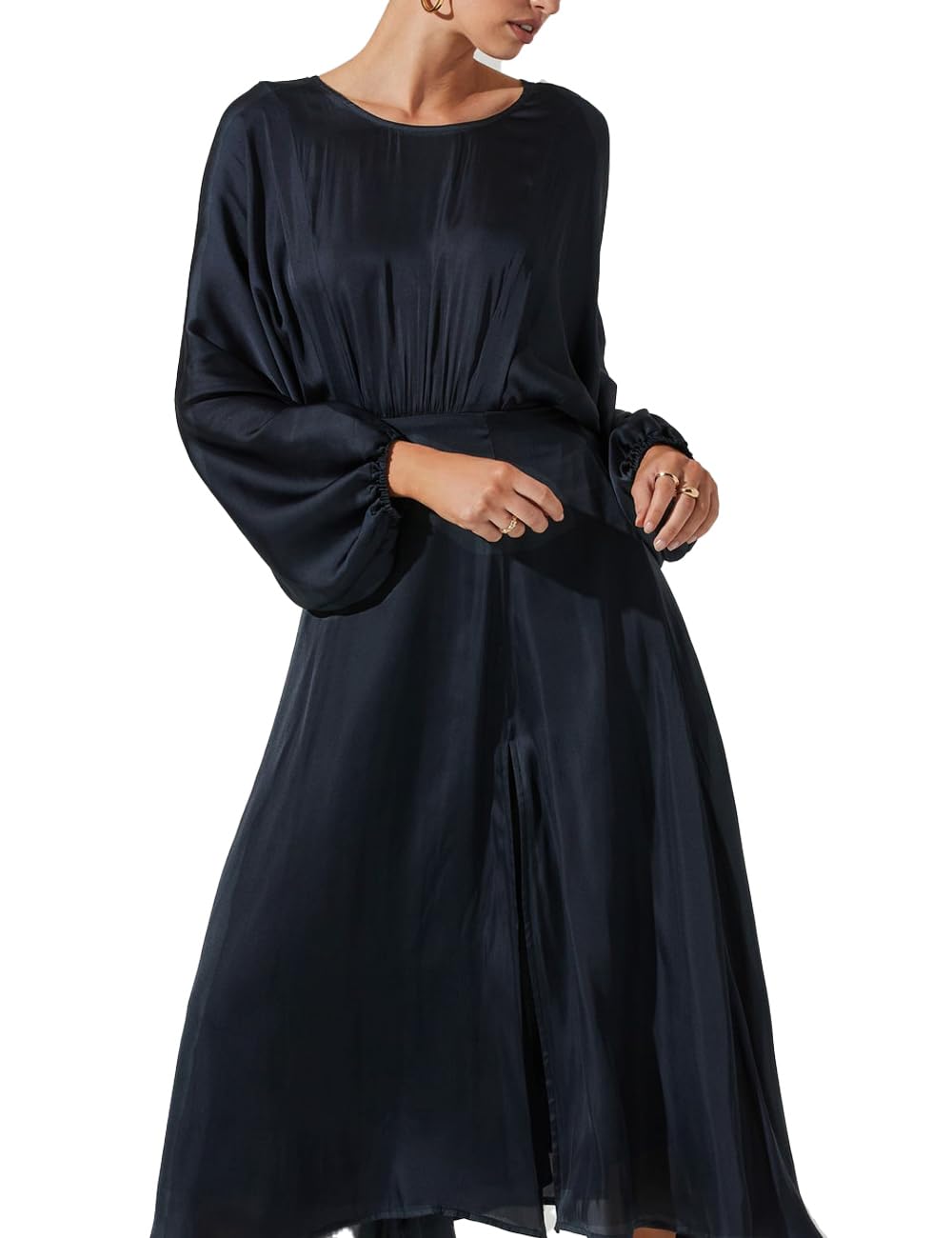 Elegant Fall Satin Ruched Slit Dress for Women 2023 - Batwing Long Sleeve Midi Silk Dress with V-Cut Back, A-Line Formal Wedding Guest Dress | Perfect for Evening Parties, Cocktail Events & Special Occasions