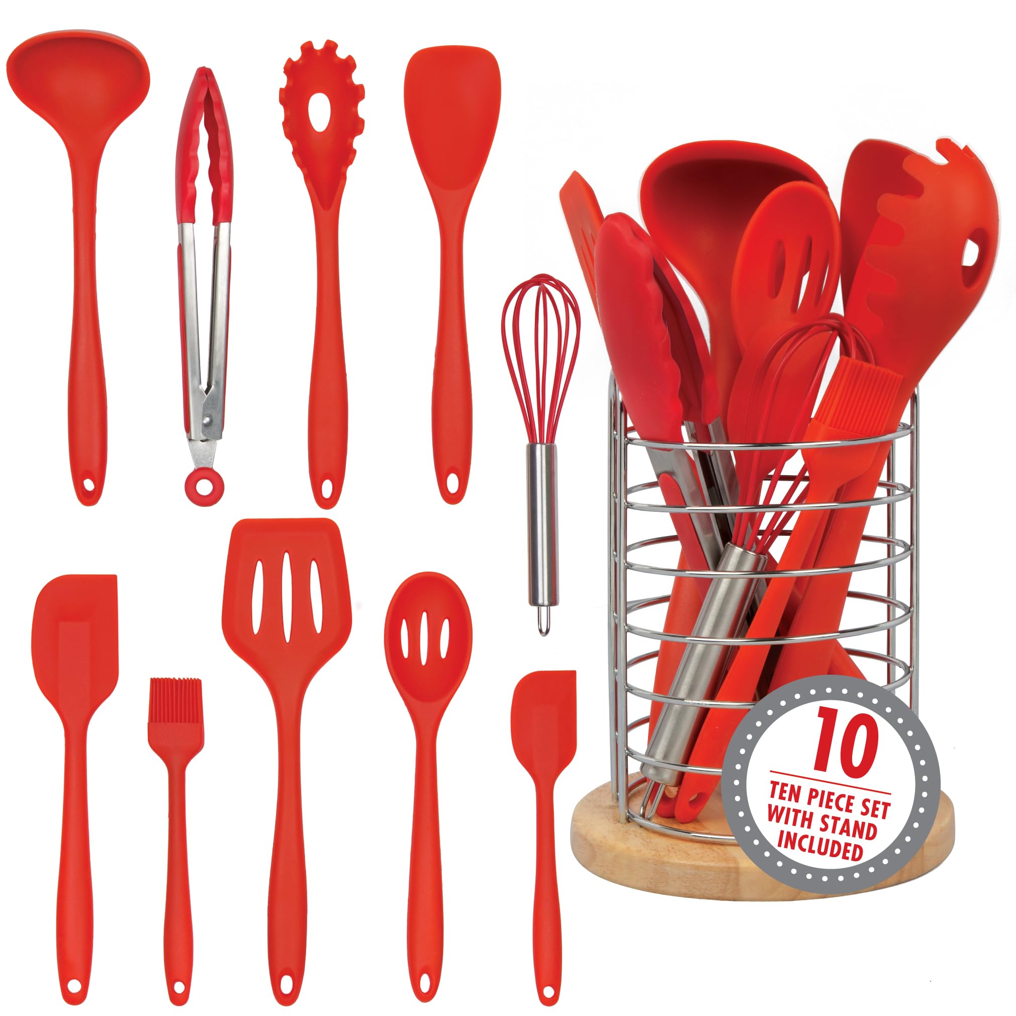 Premium 10-Piece Silicone Kitchen Cooking Utensil Set with Bamboo Holder - Non-Stick, Heat Resistant Spatula, Spoon, Slotted Spoon, Tongs, Basting Brush, Whisk & Ladle - Perfect for Baking, Frying & Hosting Gifts