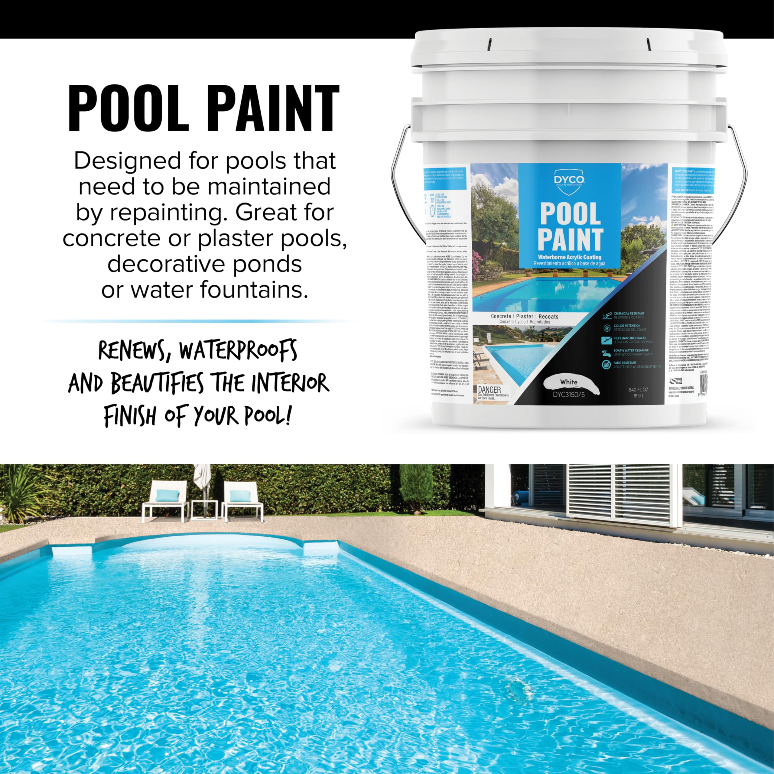 Dyco Waterborne Acrylic Pool Paint - UV, Water, Salt & Chemical Resistant - Prevents Fading & Cracking - Seals Hairline Cracks - Long Lasting 5-8 Years - White 5 Gallon - Perfect for Inground & Above Ground Pools, Pool Decks & Concrete Surfaces