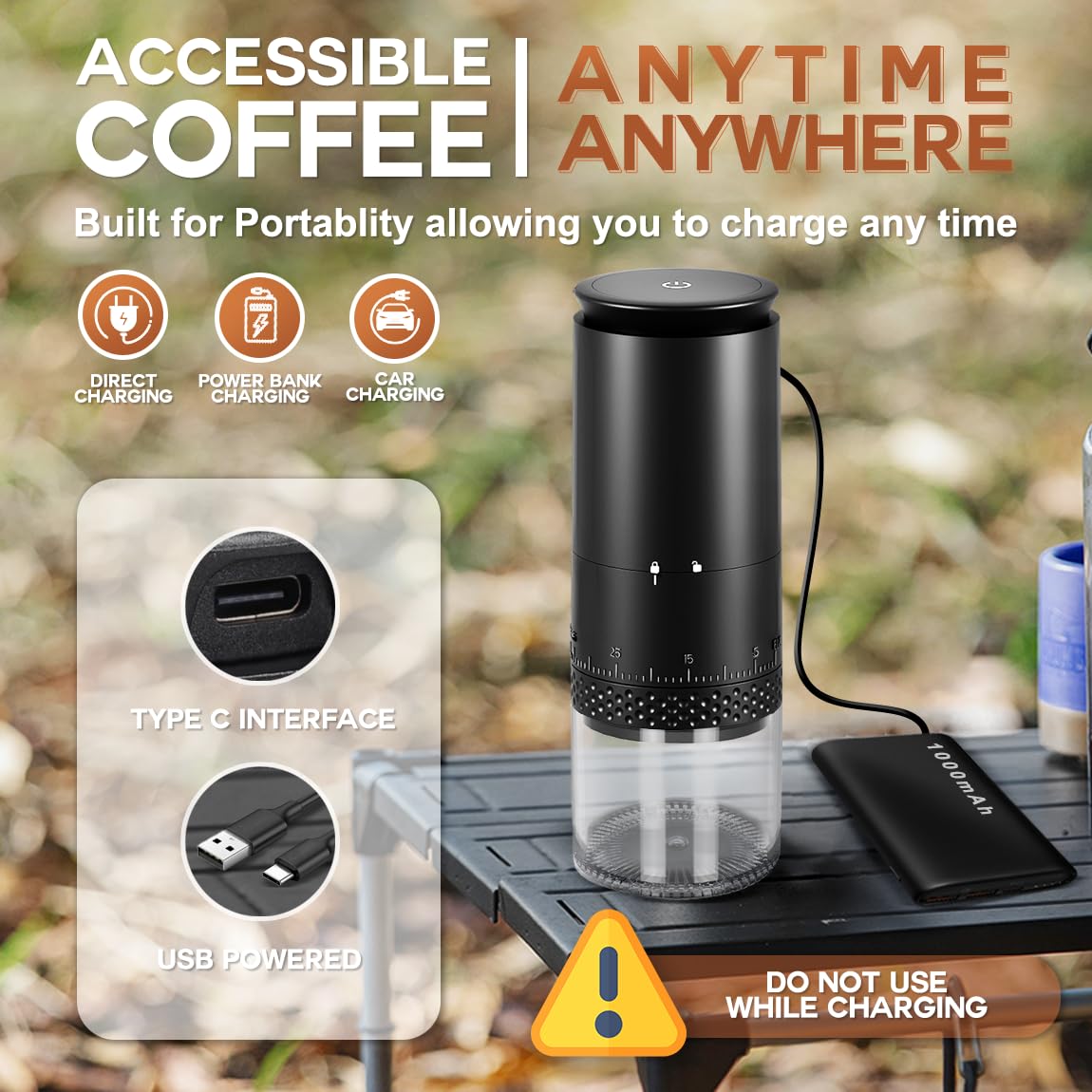 Premium Electric Burr Coffee Grinder - Portable & Rechargeable with 38 Adjustable Settings, Stainless Steel Mill - Perfect for Travel, Camping, Office & Home Brewing - Cordless Coffee Bean Grinder for Espresso, French Press & Drip Coffee