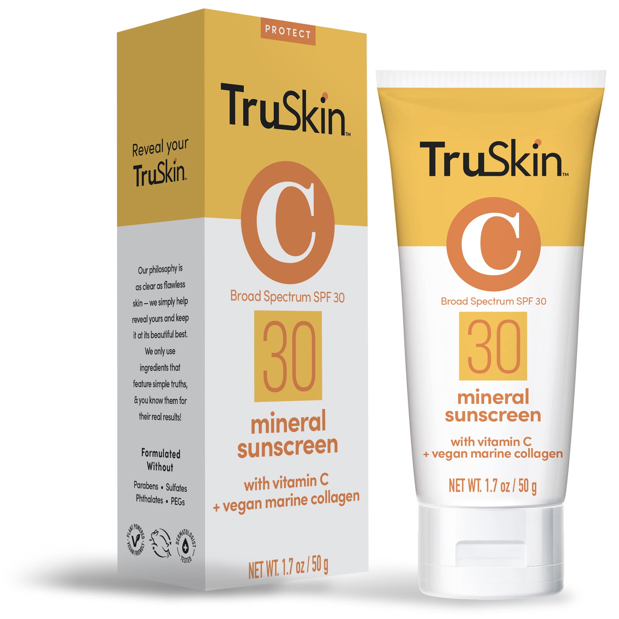 TruSkin Mineral Sunscreen SPF 30 for Face - Broad Spectrum Zinc Oxide Sunscreen with Vitamin C & Vegan Marine Collagen - Lightweight, Non-Greasy SPF for Sensitive Skin - 1.7 fl oz - Perfect for Daily Use, Outdoor Activities & Beach Protection