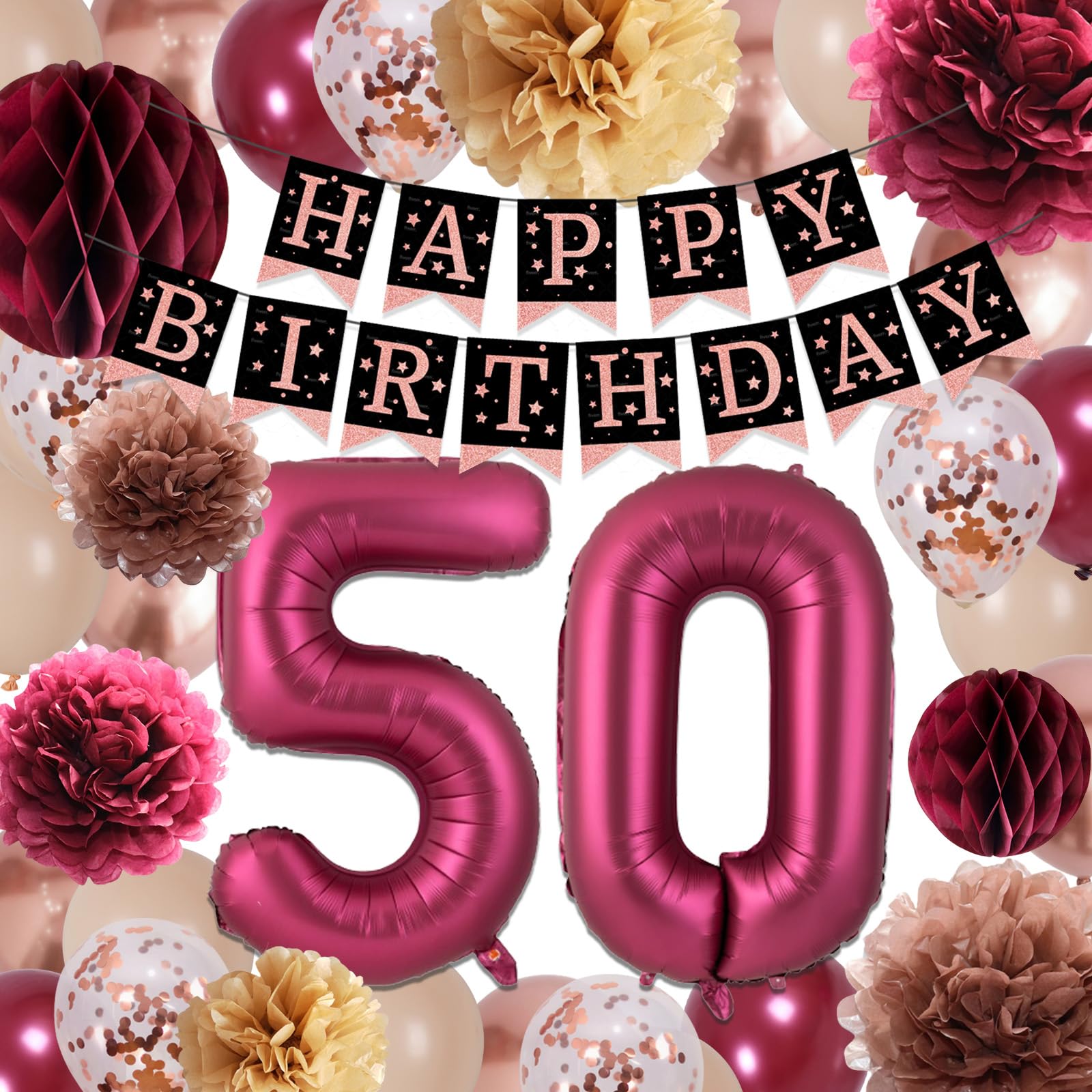 50th Birthday Party Decorations for Women - Burgundy Gold Happy Birthday Supplies with Confetti Balloons & Paper Pompoms | Perfect for Milestone Celebrations, Retirement Parties & Surprise Gatherings