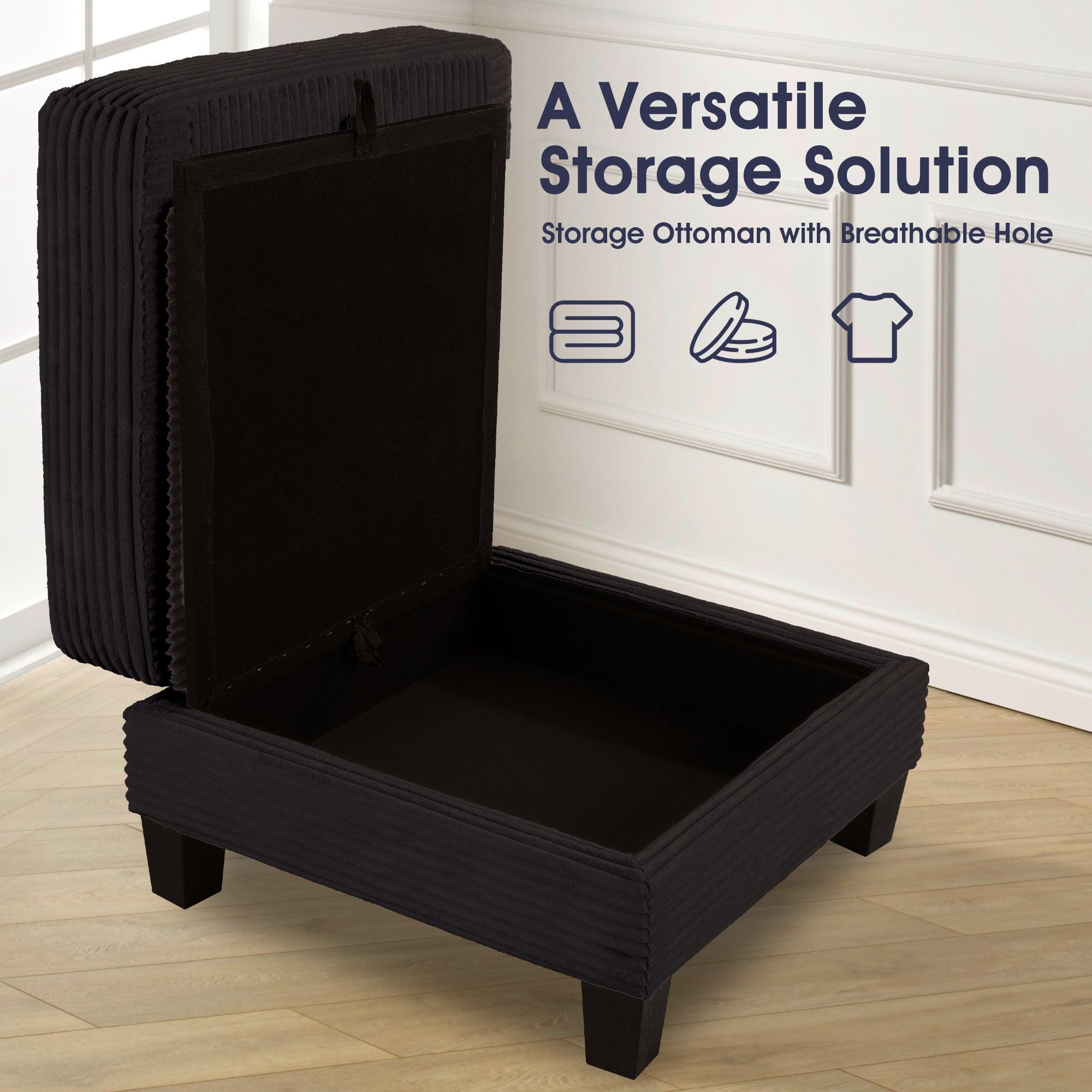 3-Piece Black Sofa Set with Storage Ottoman - Comfy 3-Seater Couch & Loveseat for Living Room | Includes USB Ports, Side Pockets & Throw Pillows | Perfect for Family Gatherings, Movie Nights & Small Space Living