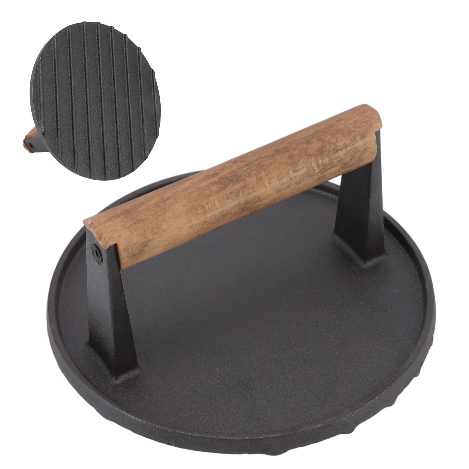 Heavy Duty Cast Iron Grill Press - 3 Lbs Bacon Press with Wooden Handle for Even Cooking & Juicy Meats | Perfect for Burgers, Steaks, Pancakes & Grilling at Home or Outdoor BBQ