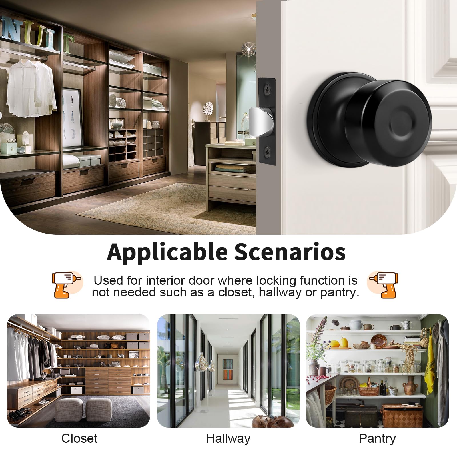 Modern Keyless Passage Locks - Black Cylindrical Door Knobs for Kitchen, Kids Room & Hallway