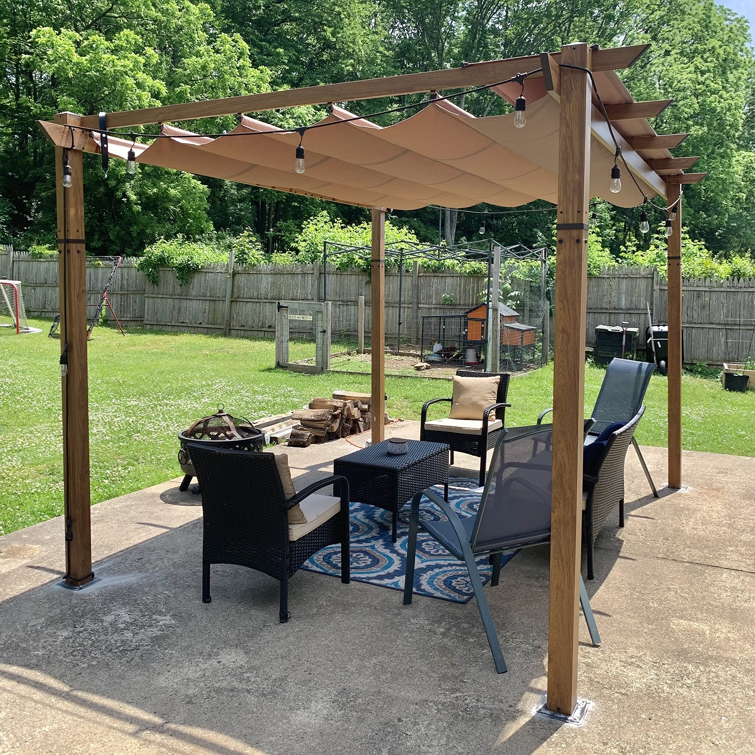 Domi Outdoor Living 10’ X 13’ Retractable Pergola with Heavy Duty Grape Trellis Sunshade - Teak Coated Patio Gazebo for Garden, Backyard & Courtyard | Perfect for Outdoor Dining, BBQ Grill Area & Relaxation