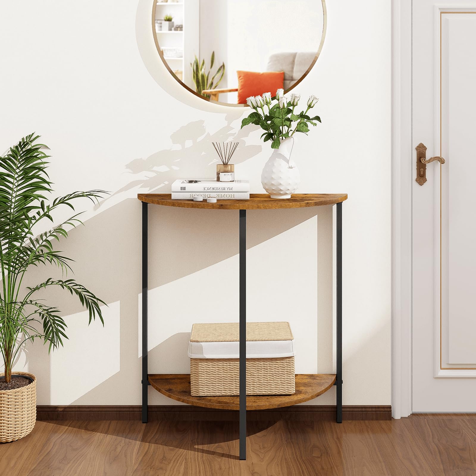 Homode Half Moon Entryway Table - Small Narrow Half Round Console Table for Hallway, Living Room & Front Entrance - Rustic Brown & Black Wooden Sofa Table - Perfect for Small Spaces, Apartments & Cozy Home Decor
