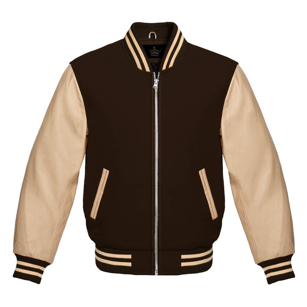 Varsity Baseball Letterman Jacket - Brown Wool Body & Genuine Cream Leather Sleeves - Zip-Up Bomber Style for School & College | Perfect for Sports Teams, Graduation Gifts & Casual Wear
