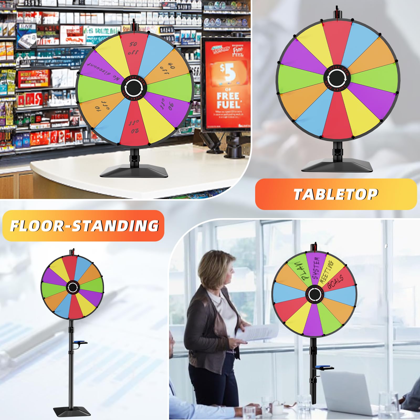 24 Inch Heavy Duty Prize Wheel - Dual Use Tabletop & Floor Stand with Adjustable Height, 12 Slots & Dry Erase Kit - Perfect for Carnival Games, Casino Nights, Trade Shows & Classroom Activities