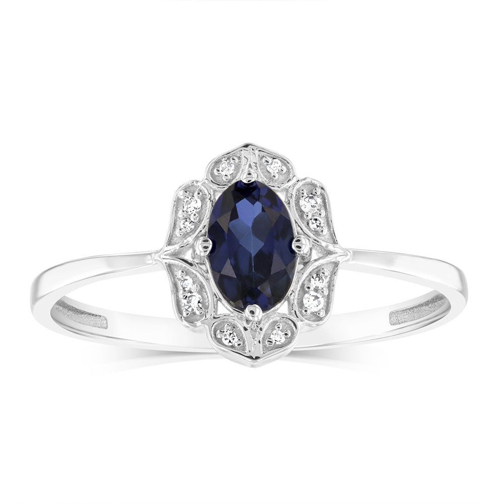 0.50 Carat Lab-Created Blue Sapphire & Diamond Oval Ring in 9K White Gold | Elegant Engagement, Wedding, Anniversary Gift for Her
