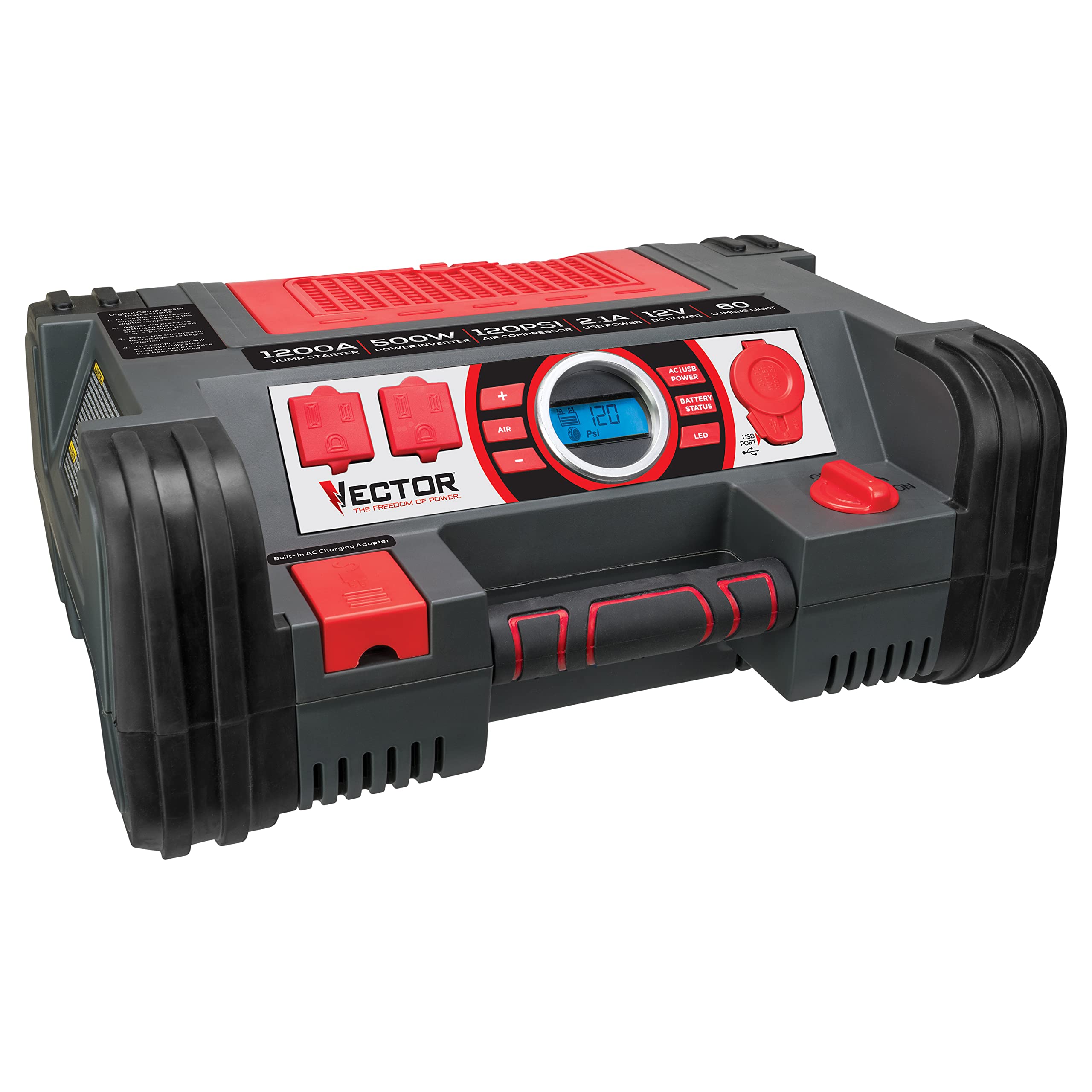 VECTOR PPRH5V 1200 Peak Amp Car Jump Starter with 10W USB Port, 500W Inverter & 120 PSI Air Compressor - Portable Power Bank for Emergency Jump Starting, Camping, Road Trips and Outdoor Adventures