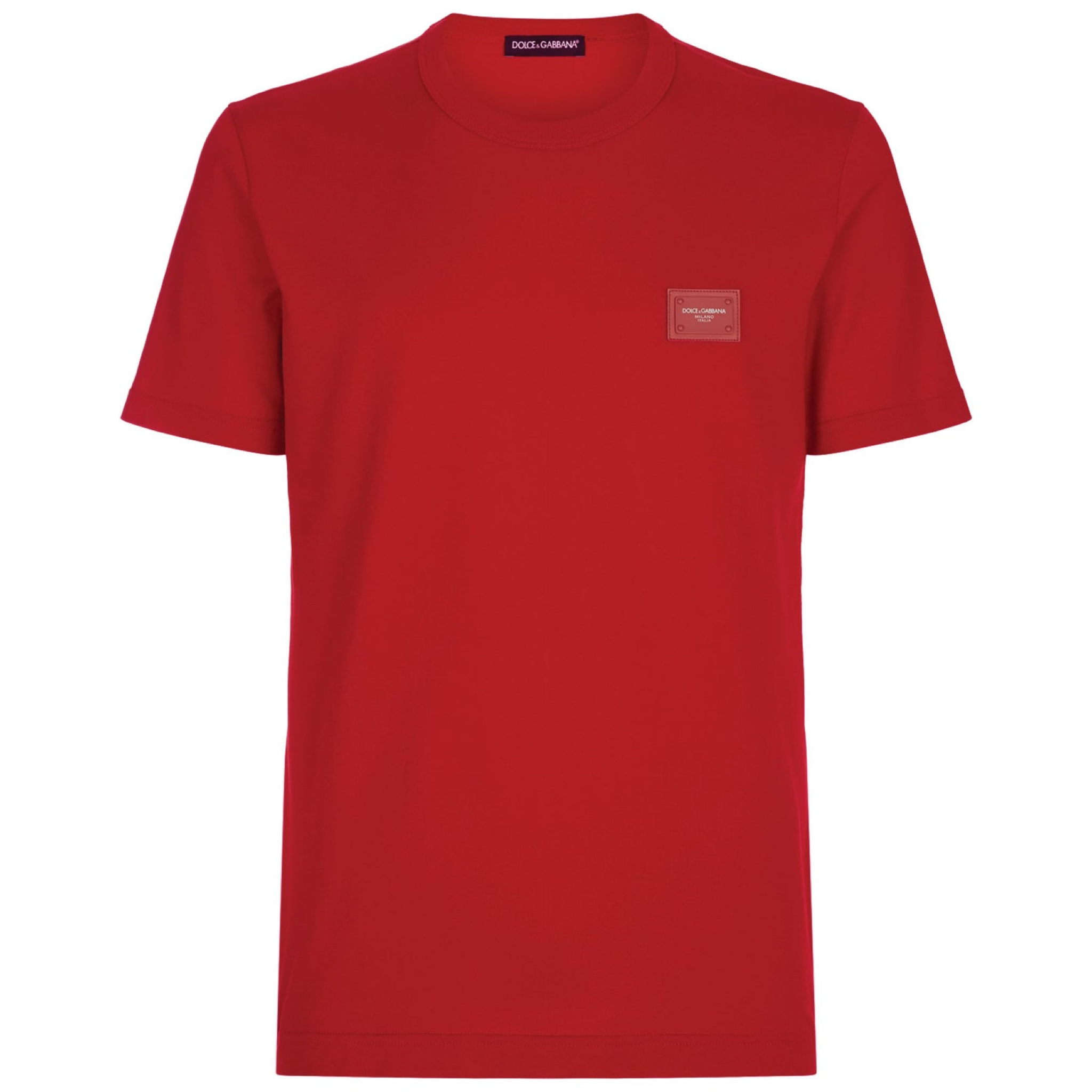 Dolce & Gabbana Men's Red Logo Plaque T-Shirt - Casual Cotton Crewneck Tee for Streetwear & Everyday Outfits