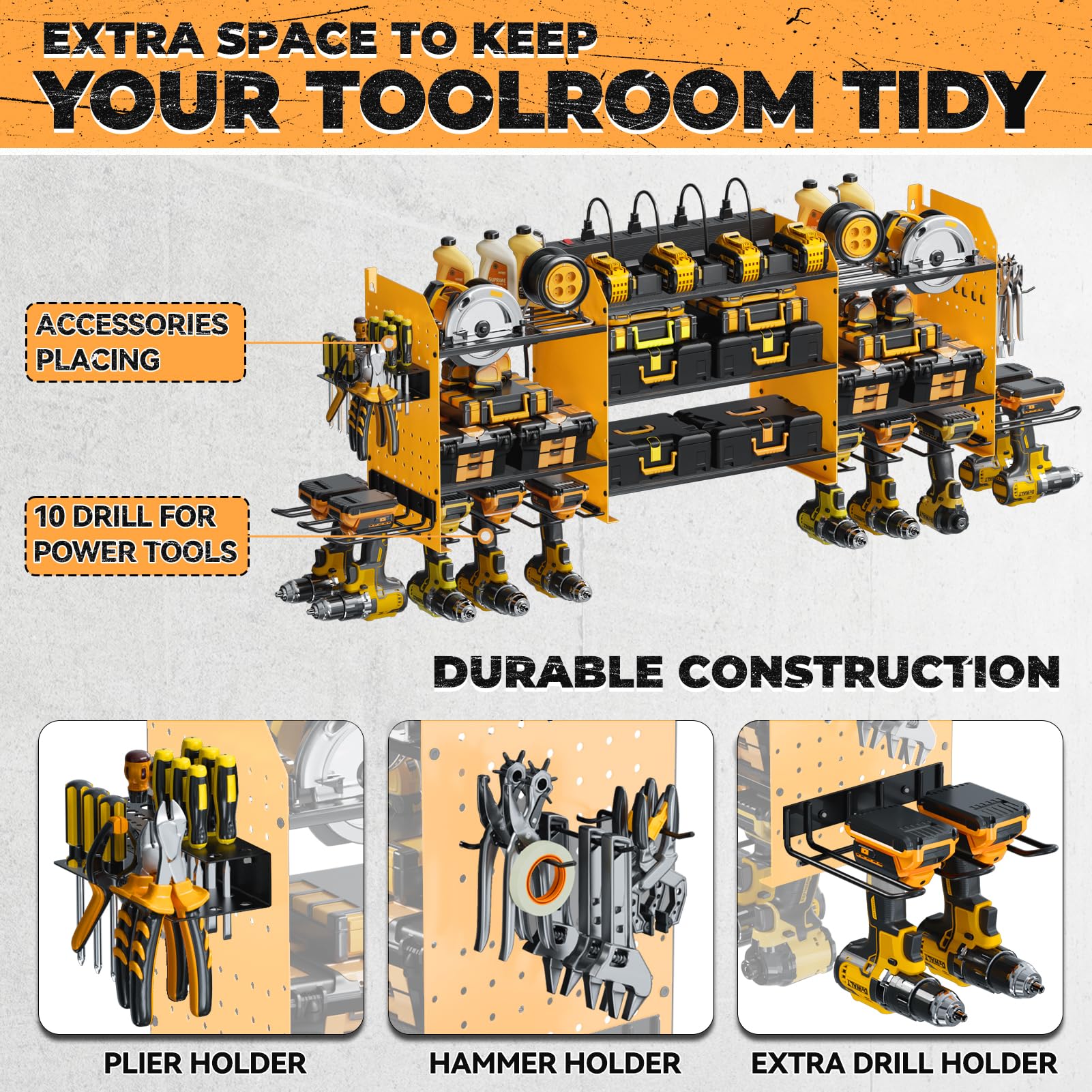 Upgrade Large Power Tool Organizer Wall Mount with Charging Station - 6.5FT Power Strip & 10 Drill Holder Storage Rack for Garage Organization | Perfect for Workshop, DIY Projects & Home Improvement