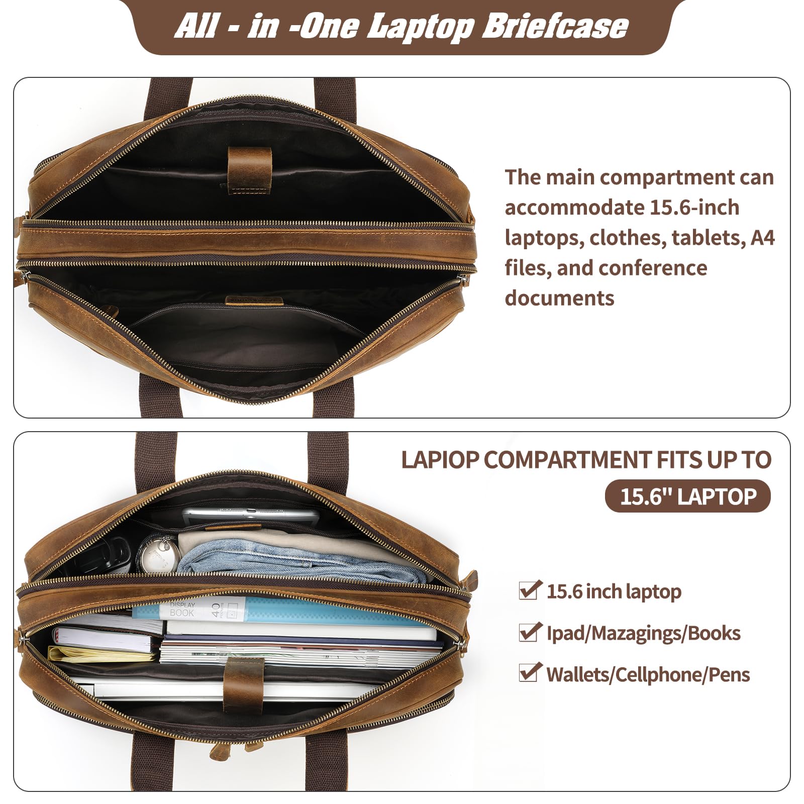 Jack & Chris Genuine Leather Briefcase for Men - Professional Business Laptop Messenger Bag for Work, Travel & Office - Durable 15.6 Inch Computer Bag with Shoulder Strap (Perfect for Business Trips, Commuting & Daily Office Use)
