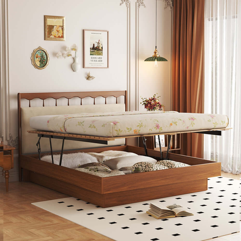 Vintage Solid Wood Storage Bed with Large Underbed Drawers - Space-Saving Floating Platform Bed for Small Bedrooms and Apartments