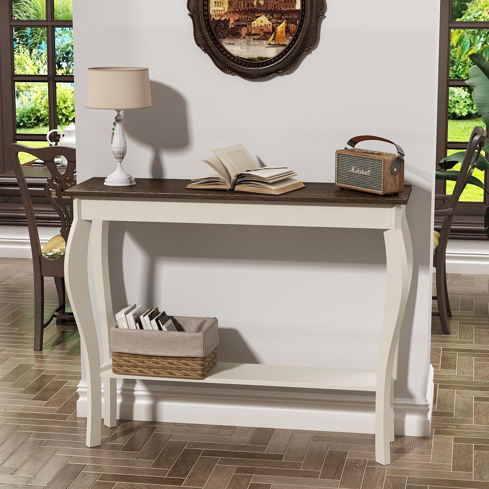 ChooChoo Narrow Farmhouse Console Table - Chic Accent Sofa Table & Entryway Table in Antique White & Brown | Perfect for Living Room, Hallway & Small Space Decor
