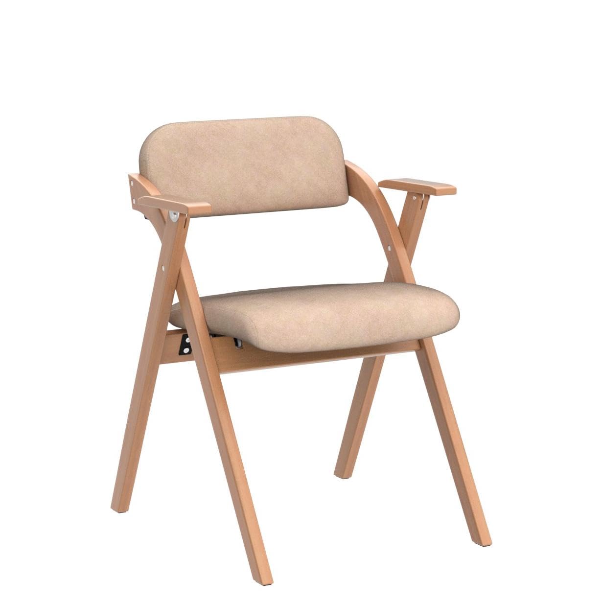 HOMEFUN Set of 2 Wooden Folding Chairs with Armrests & Padded Seats - Stackable Space-Saving Dining Chairs for Kitchen, Office, Wedding, Party & Guest Seating - Khaki