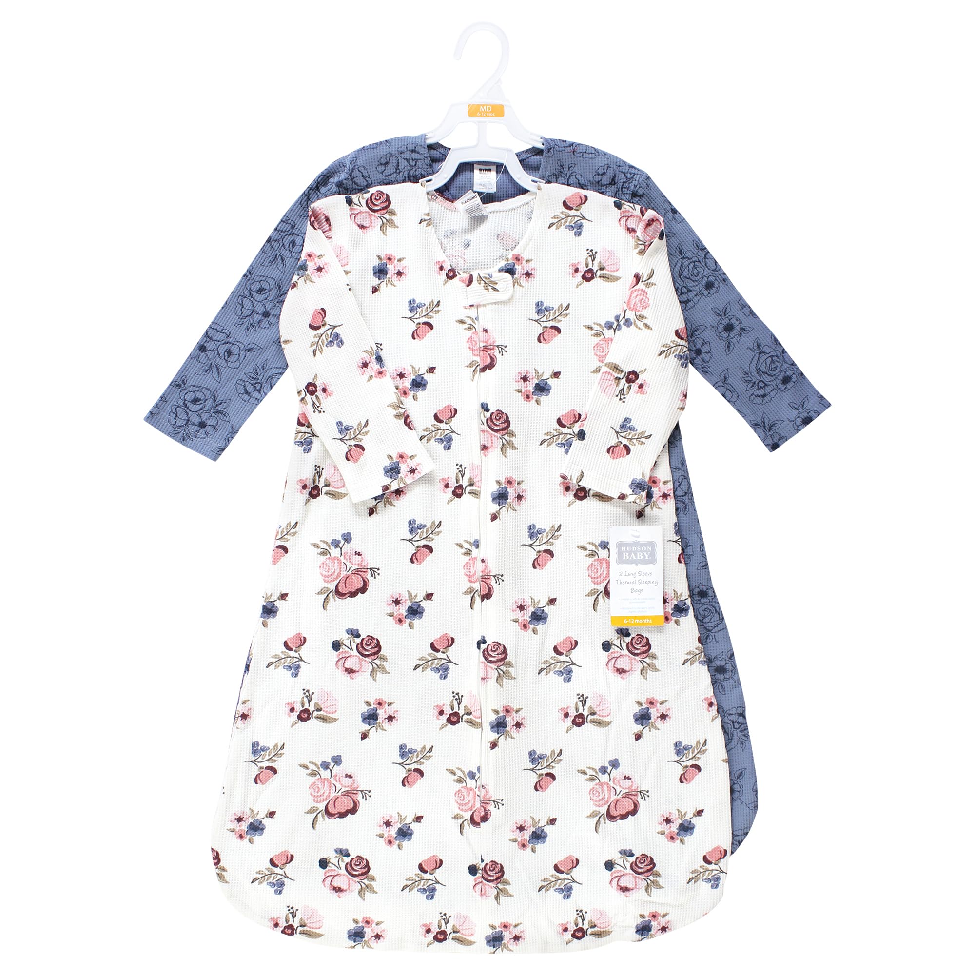 Hudson Baby Unisex Thermal Long Sleeve Sleeping Bag 2-Pack - Dusty Rose Floral Pattern for 6-12 Months | Cozy Winter Sleepwear for Infants & Toddlers | Perfect for Nursery, Daycare & Travel