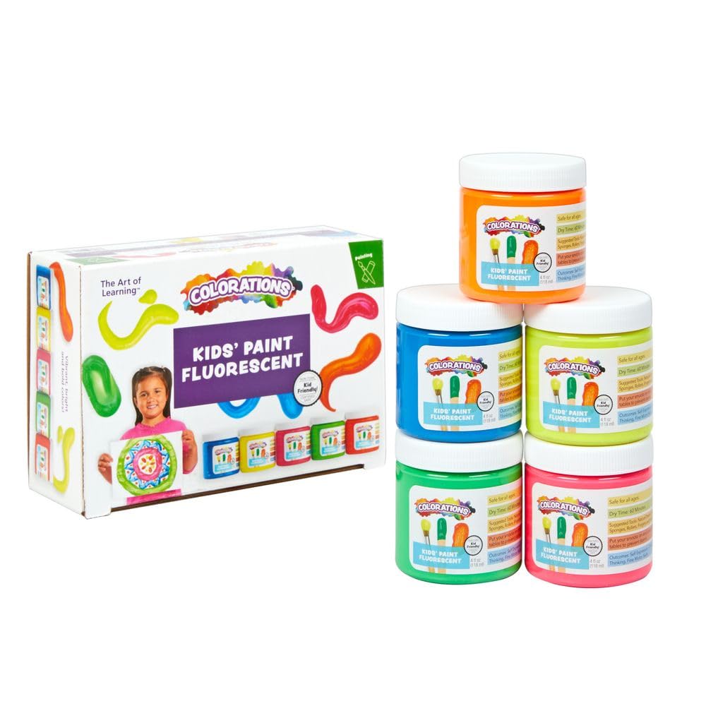 Colorations Washable Kids Fluorescent Neon Paint Set - 5 Vibrant Colors for Finger Painting, Sensory Play & Art Projects | Non-Toxic, Easy Clean Up for Toddlers & Preschoolers | Perfect for Classroom Activities, Birthday Parties & Creative Home Fun