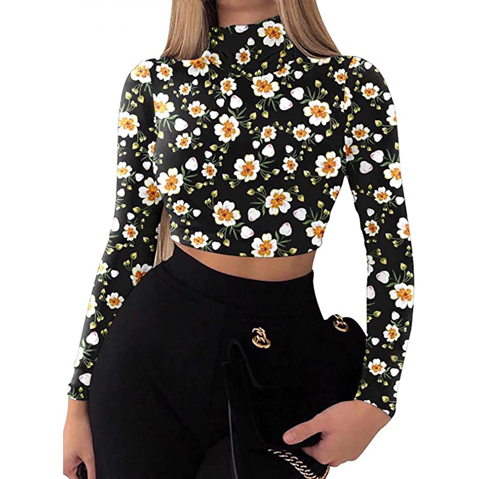 Women's Floral Cropped Turtleneck Long Sleeve Shirt - Slim Fit Casual Blouse for Layering, Work & Date Night Outfits