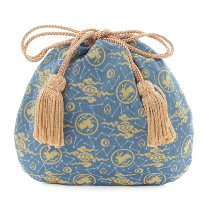 Handmade Kyoto Nishijin Ori Small Drawstring Bag - Rabbit & Blue Design - Japanese Traditional Craft Purse for Gifts, Cosmetics & Accessories Storage