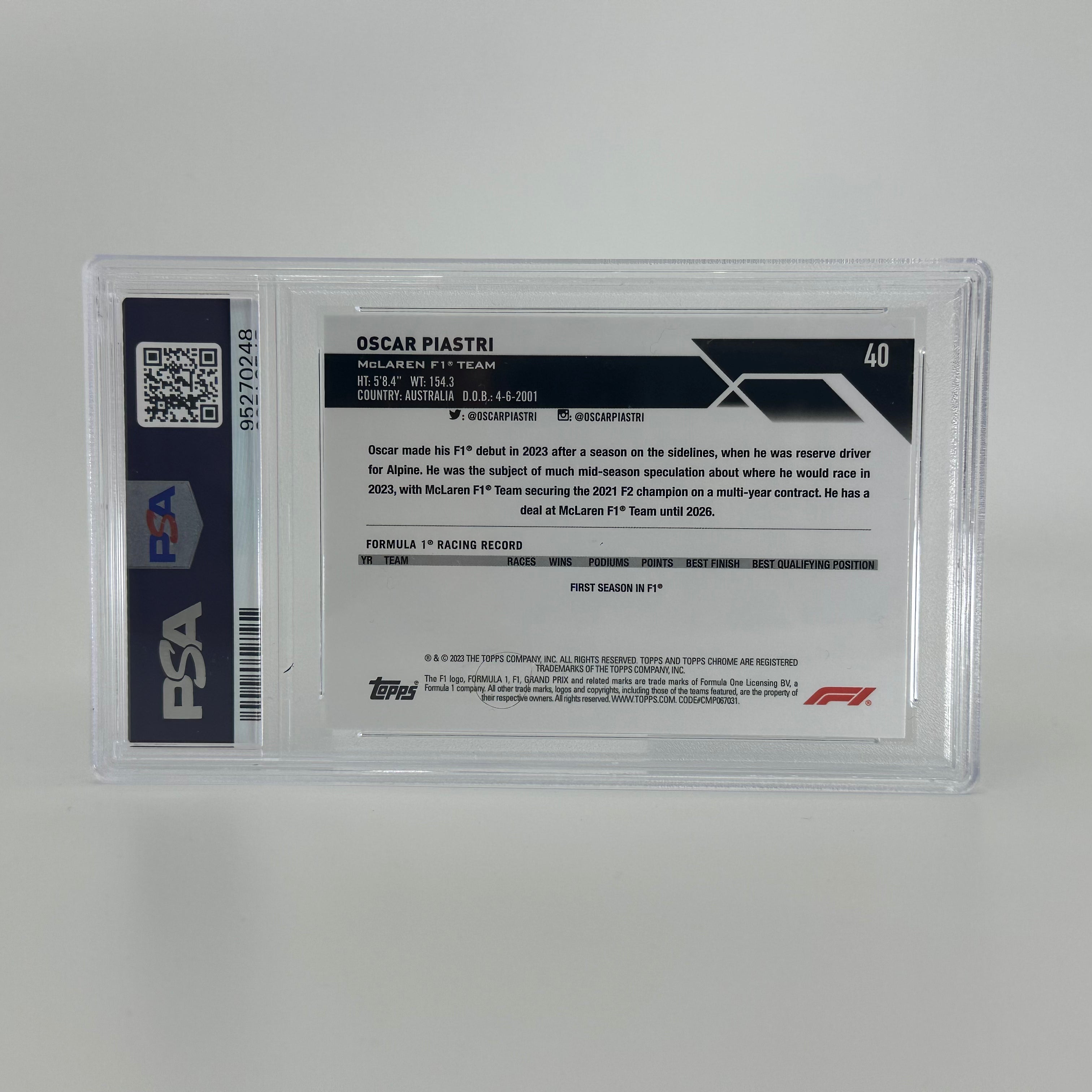 2023 Topps Chrome F1 Oscar Piastri #40 Sapphire Rookie Card PSA 8 - Perfect for F1 Collectors, Racing Fans, and Sports Memorabilia Enthusiasts