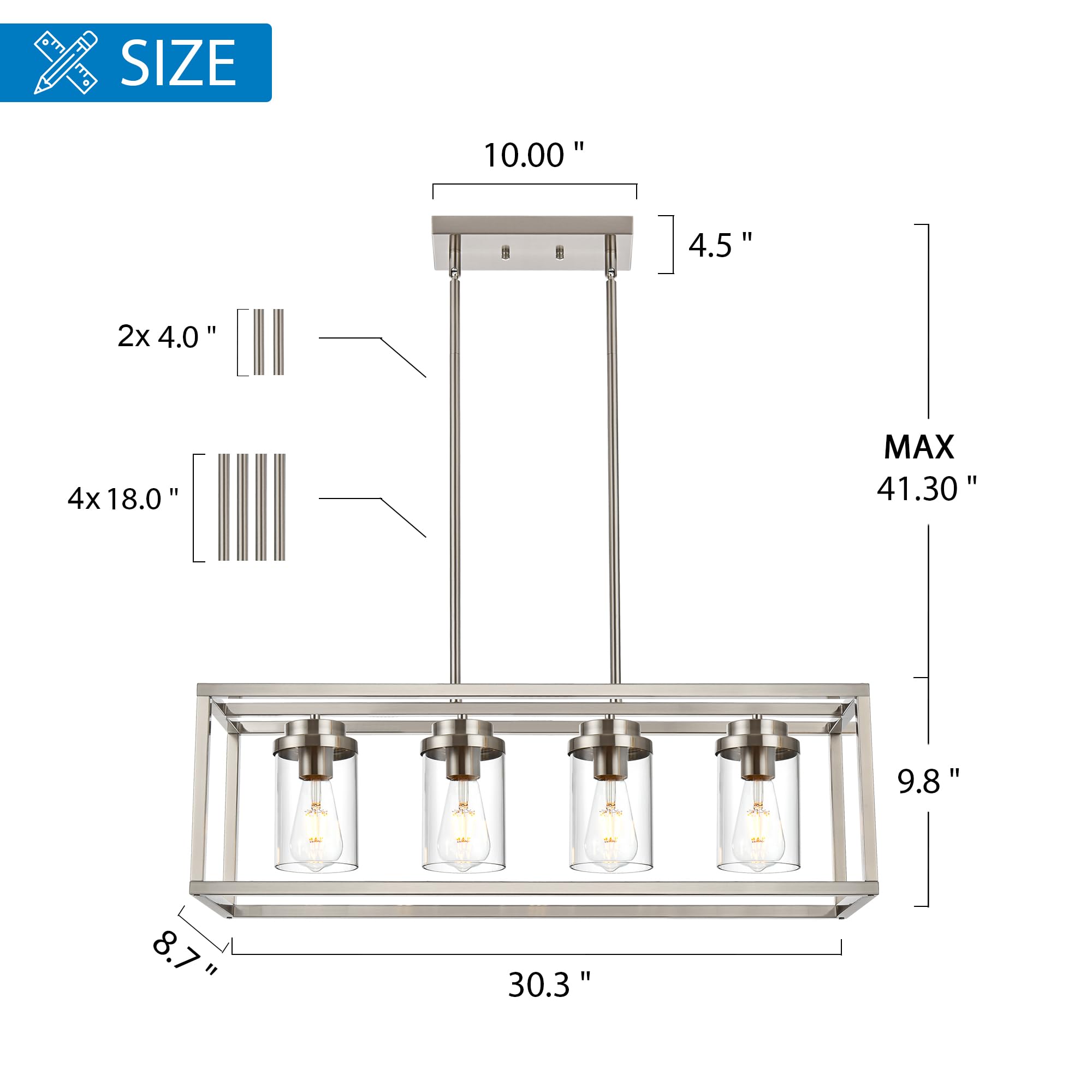 MELUCEE 30.3 Inch Modern 4-Light Linear Chandelier - Brushed Nickel Pendant Light Fixture with Clear Glass Shade - Perfect for Kitchen Island, Dining Room, Pool Table Lighting and Home Decor